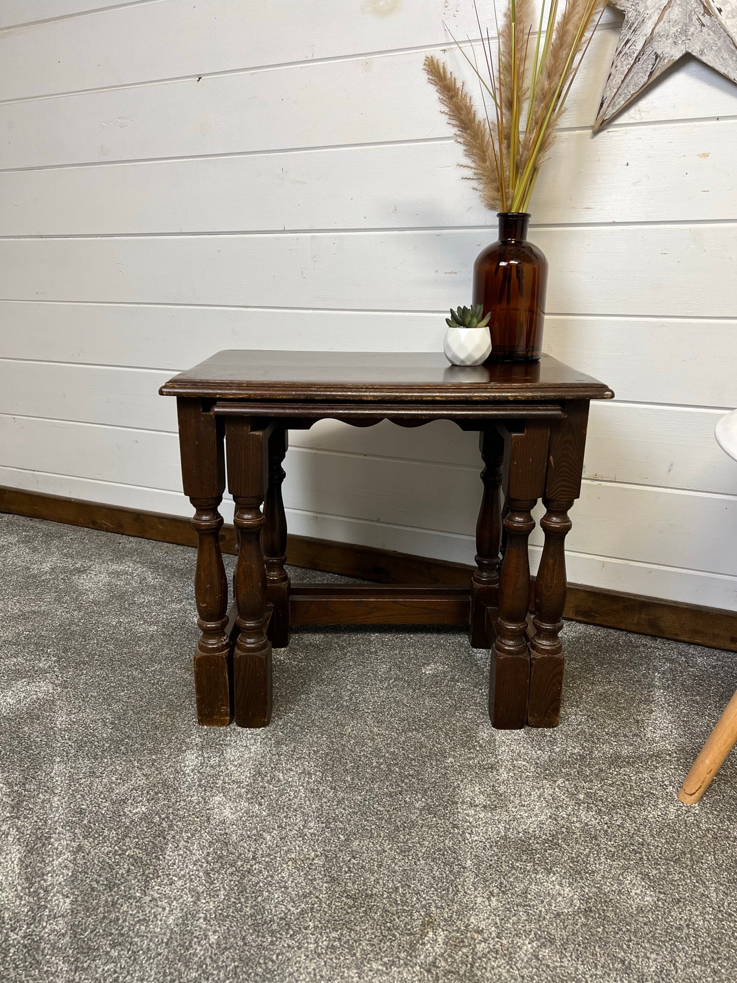 Vintage Oak Nesting Tables Pair x2 Coffee Table Home Side Nest Table Farmhouse Rustic Decor