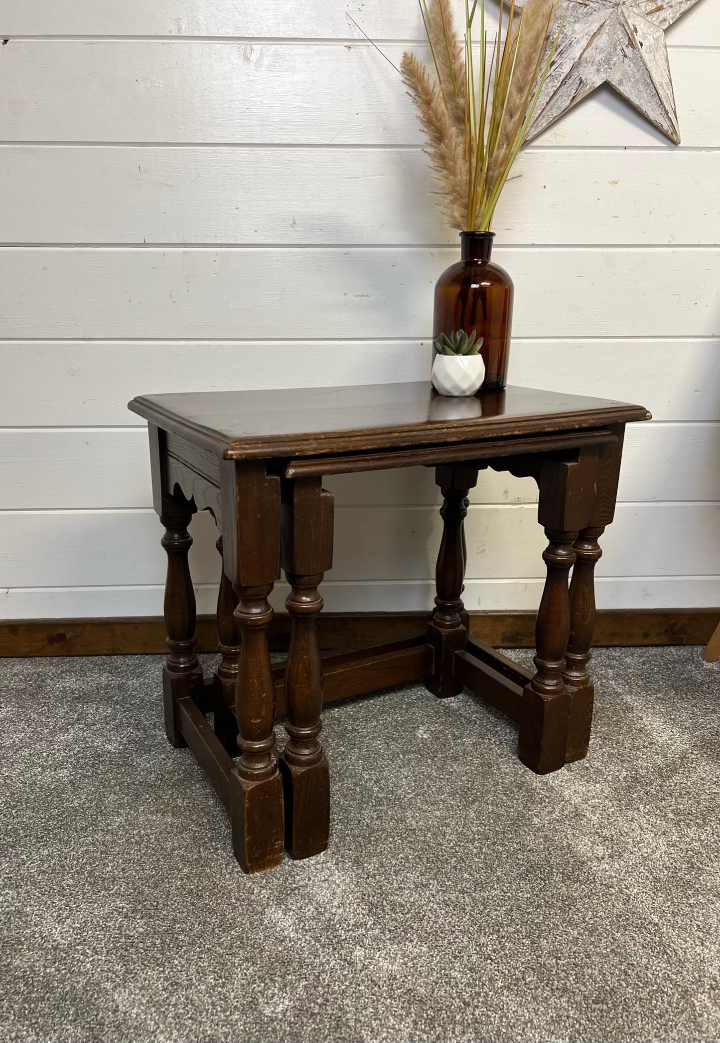 Vintage Oak Nesting Tables Pair x2 Coffee Table Home Side Nest Table Farmhouse Rustic Decor