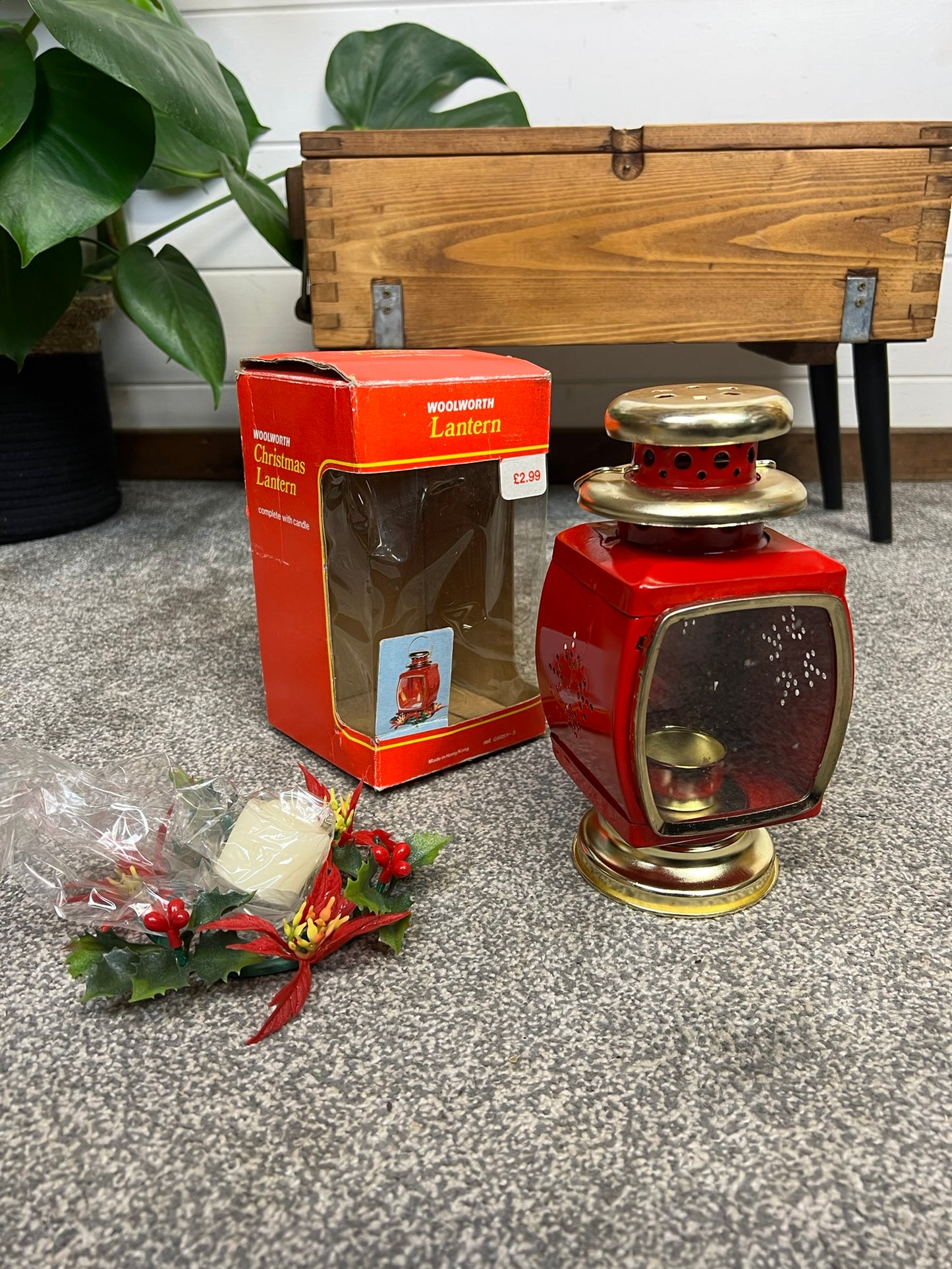 Vintage Red Tin Candle Lantern In Box Made in Hong Kong 50's 60's Christmas Deco