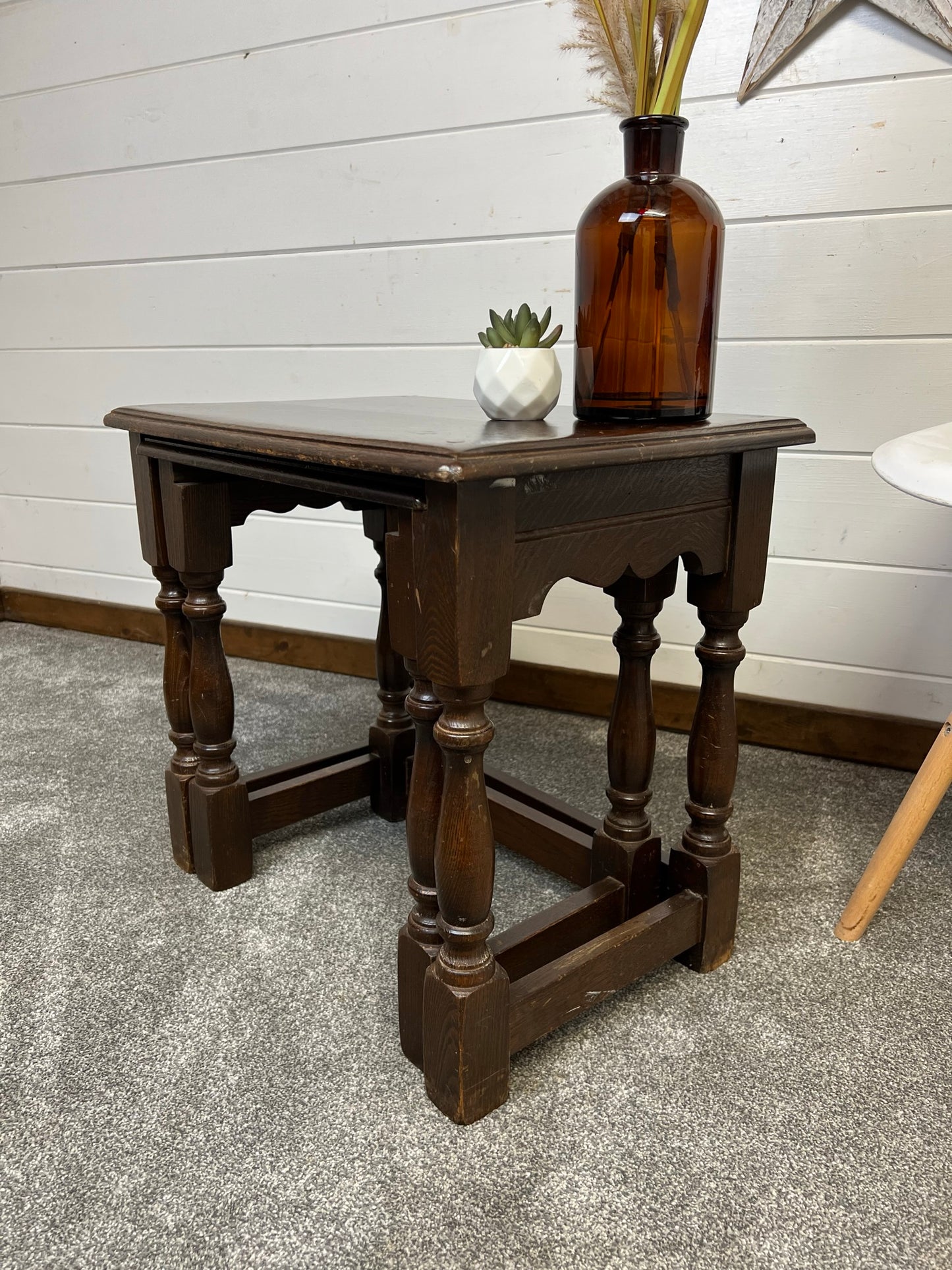 Vintage Oak Nesting Tables Pair x2 Coffee Table Home Side Nest Table Farmhouse Rustic Decor