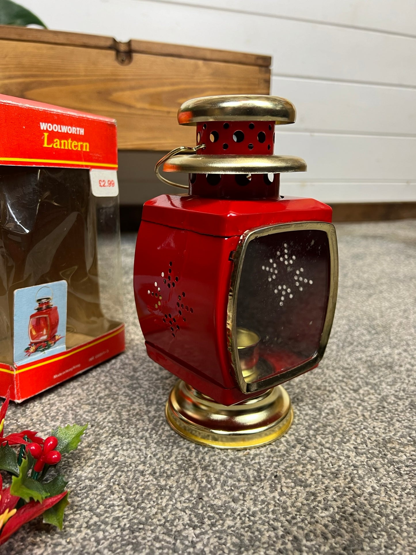 Vintage Red Tin Candle Lantern In Box Made in Hong Kong 50's 60's Christmas Deco