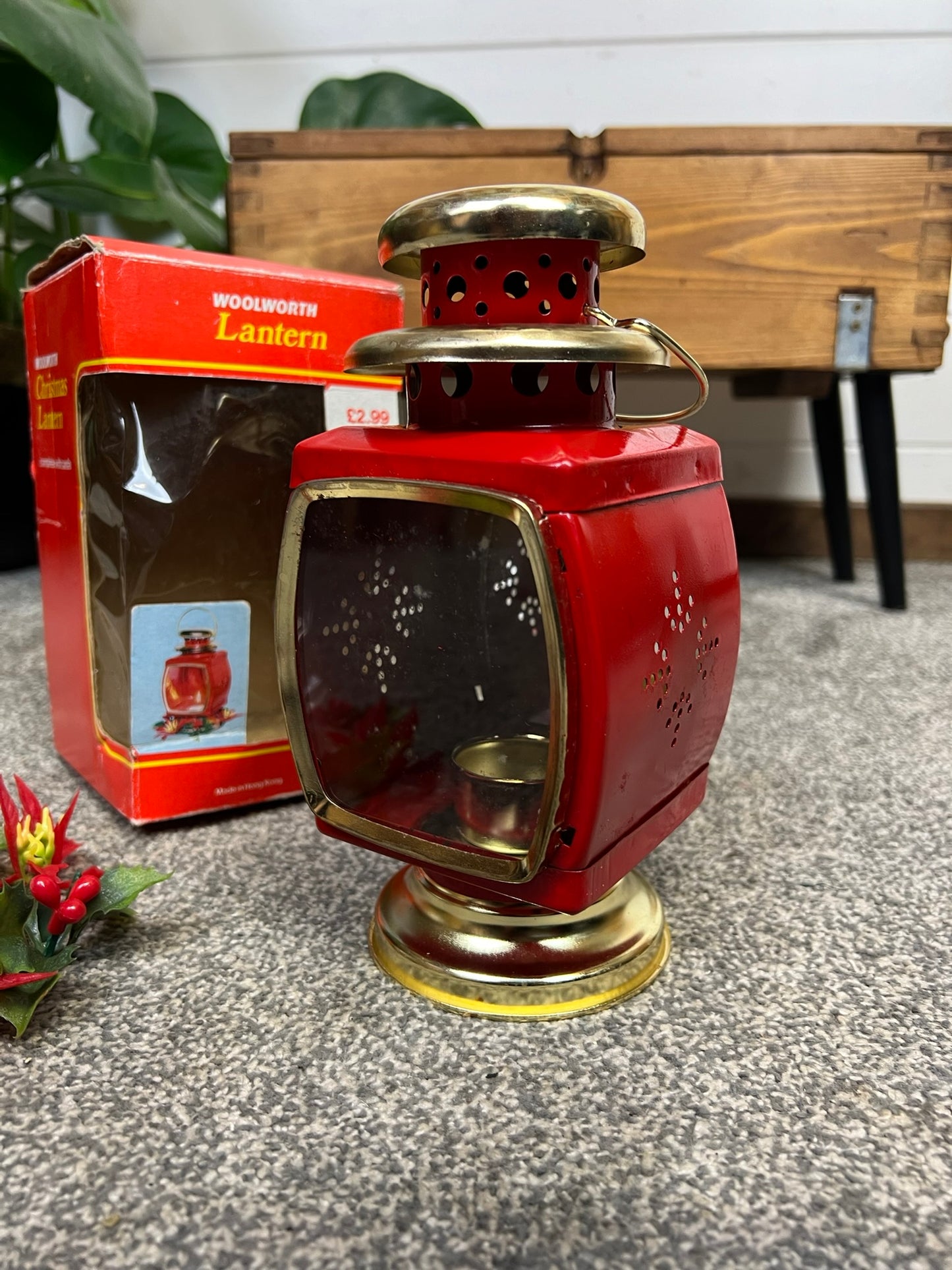 Vintage Red Tin Candle Lantern In Box Made in Hong Kong 50's 60's Christmas Deco