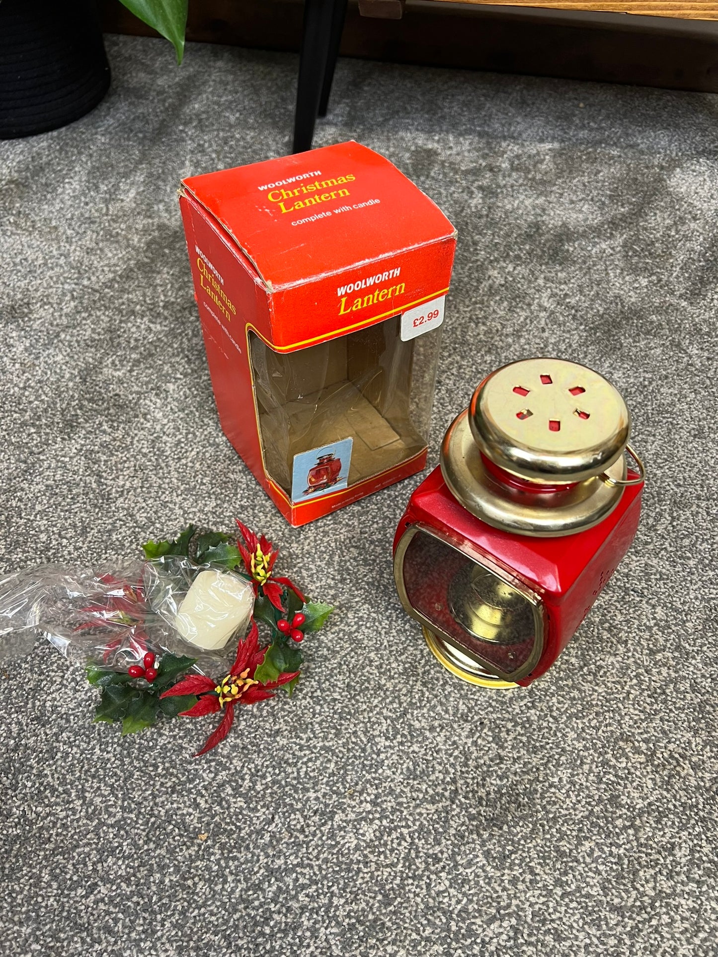 Vintage Red Tin Candle Lantern In Box Made in Hong Kong 50's 60's Christmas Deco