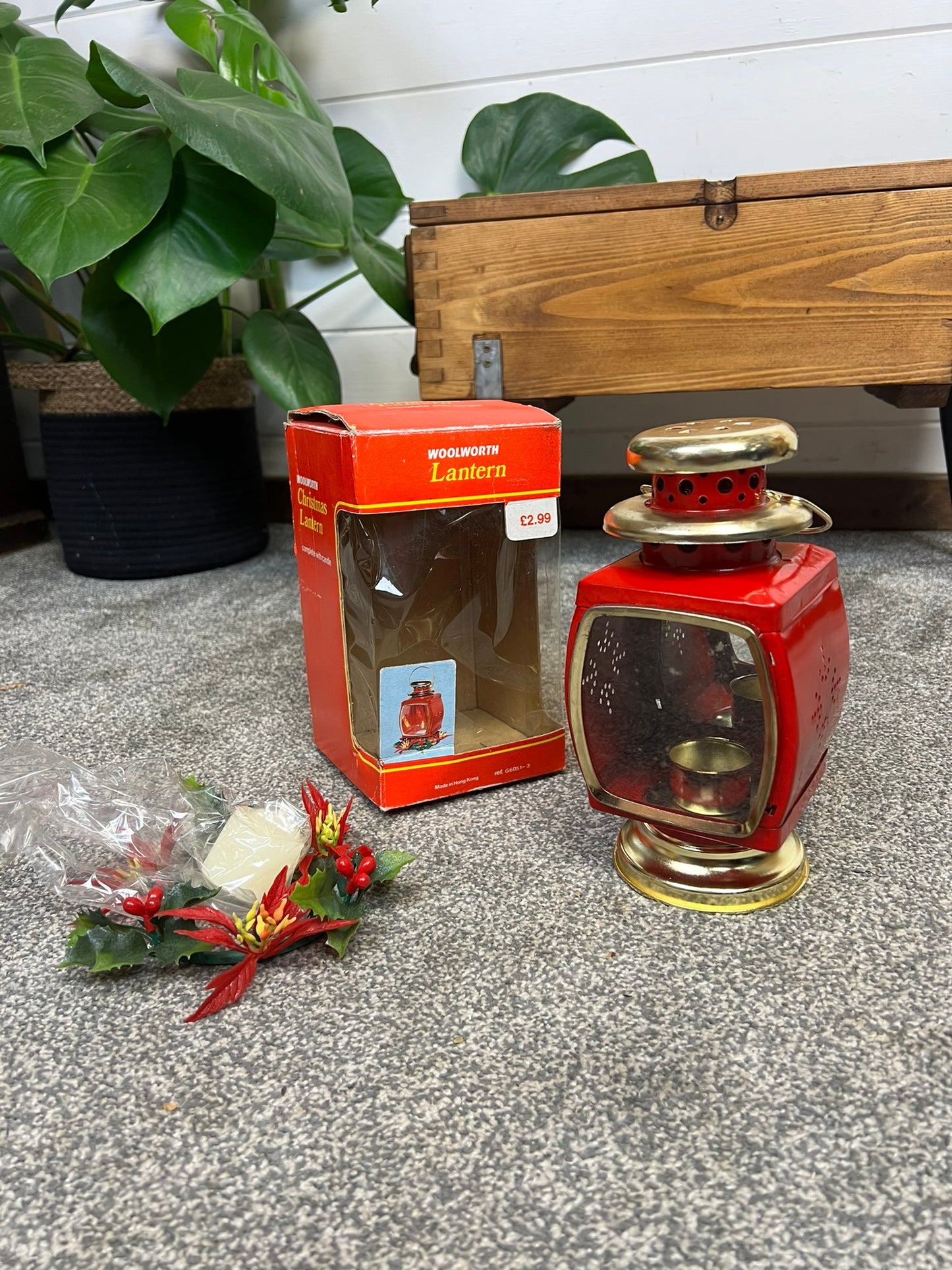 Vintage Red Tin Candle Lantern In Box Made in Hong Kong 50's 60's Christmas Deco