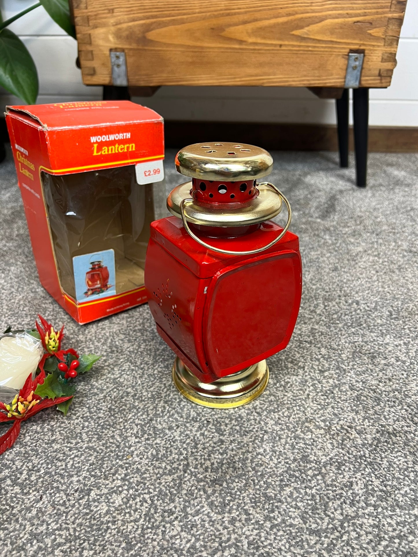 Vintage Red Tin Candle Lantern In Box Made in Hong Kong 50's 60's Christmas Deco