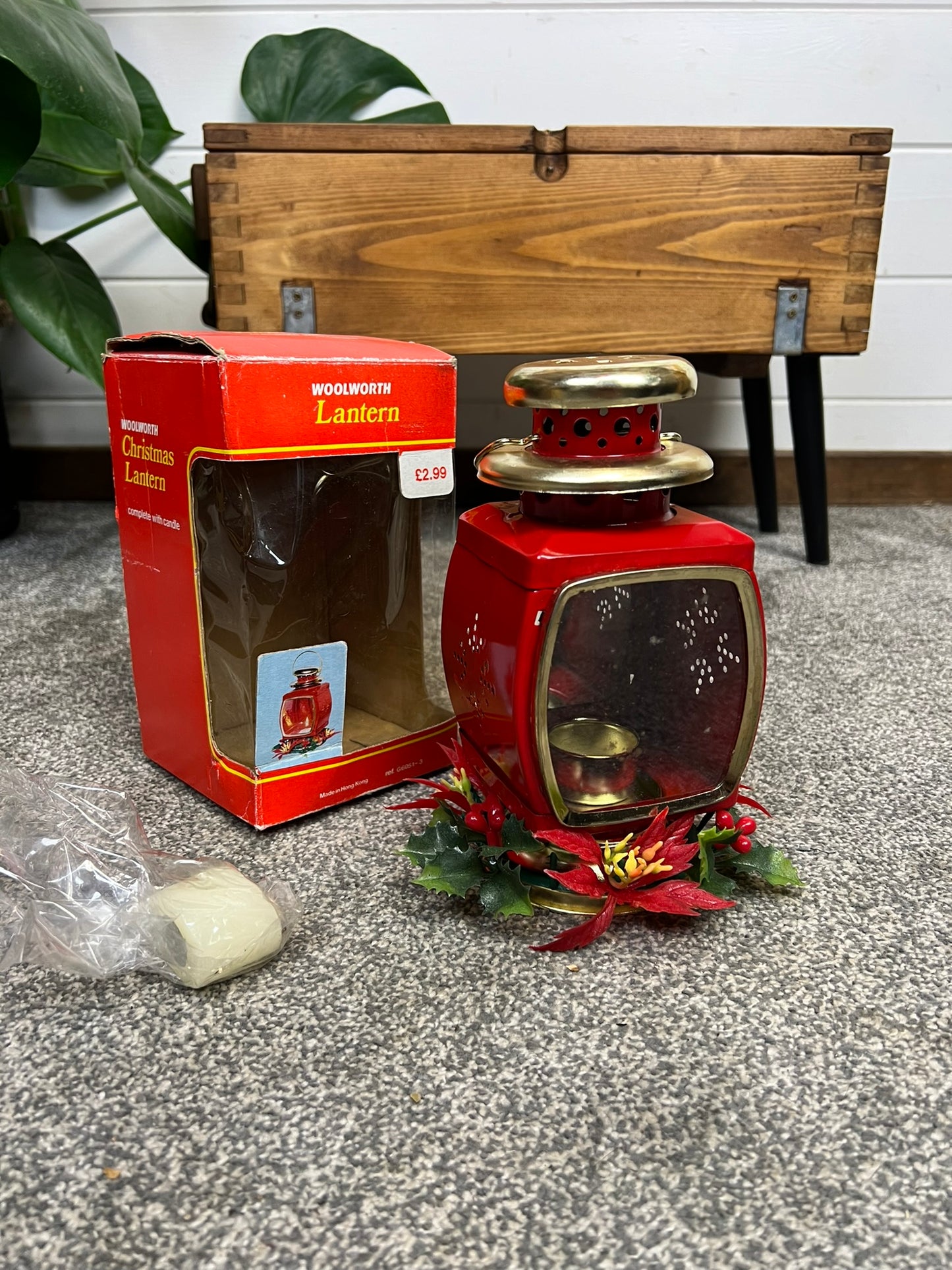 Vintage Red Tin Candle Lantern In Box Made in Hong Kong 50's 60's Christmas Deco