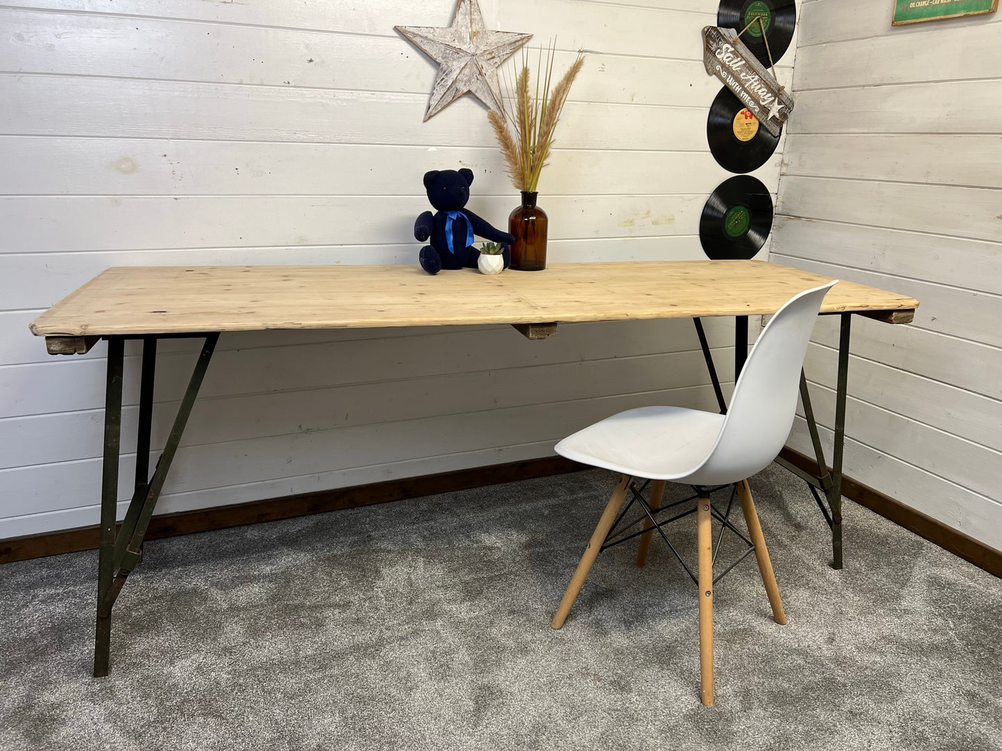 Vintage Wooden Folding Trestle Table Rustic Industrial Farmhouse Dining Garden Catering Market Stall