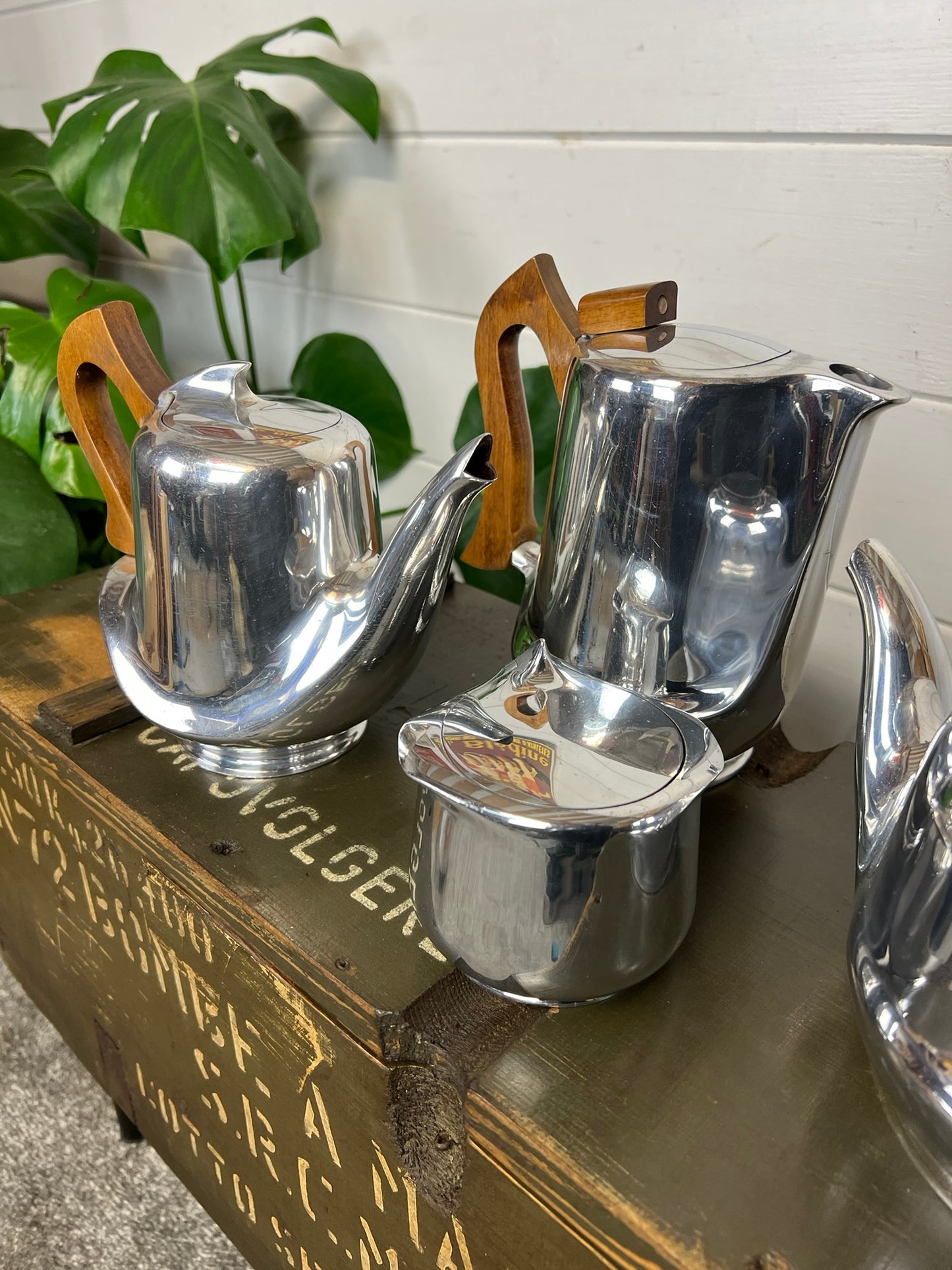 Vintage Picquot Ware Mid Century 4 Piece Stainless Steel Tea Service