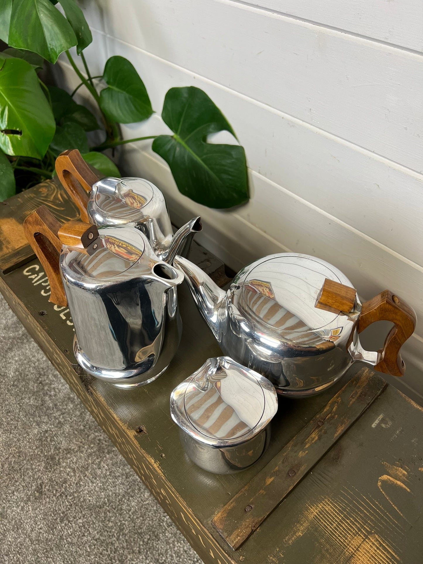 Vintage Picquot Ware Mid Century 4 Piece Stainless Steel Tea Service