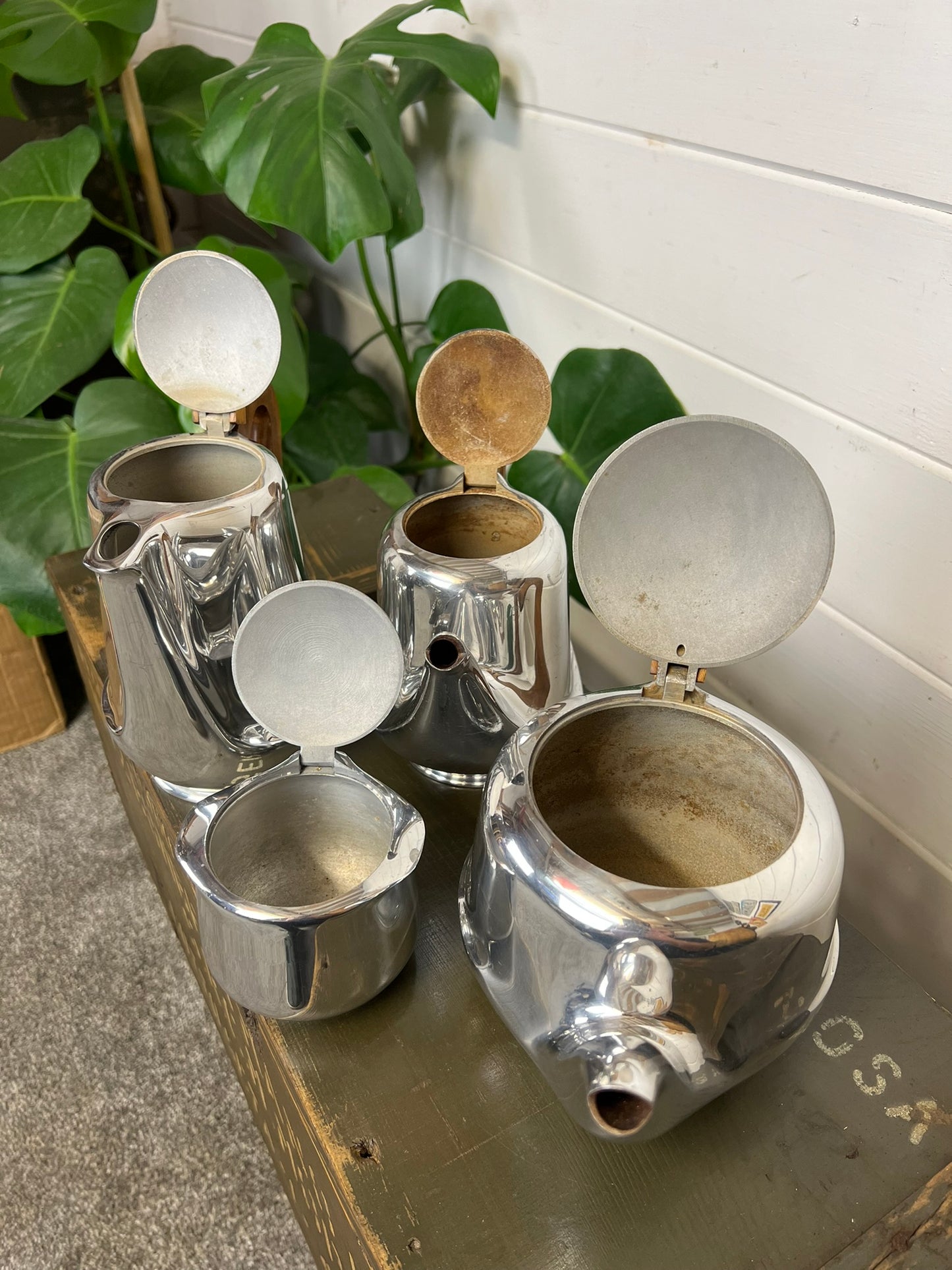 Vintage Picquot Ware Mid Century 4 Piece Stainless Steel Tea Service