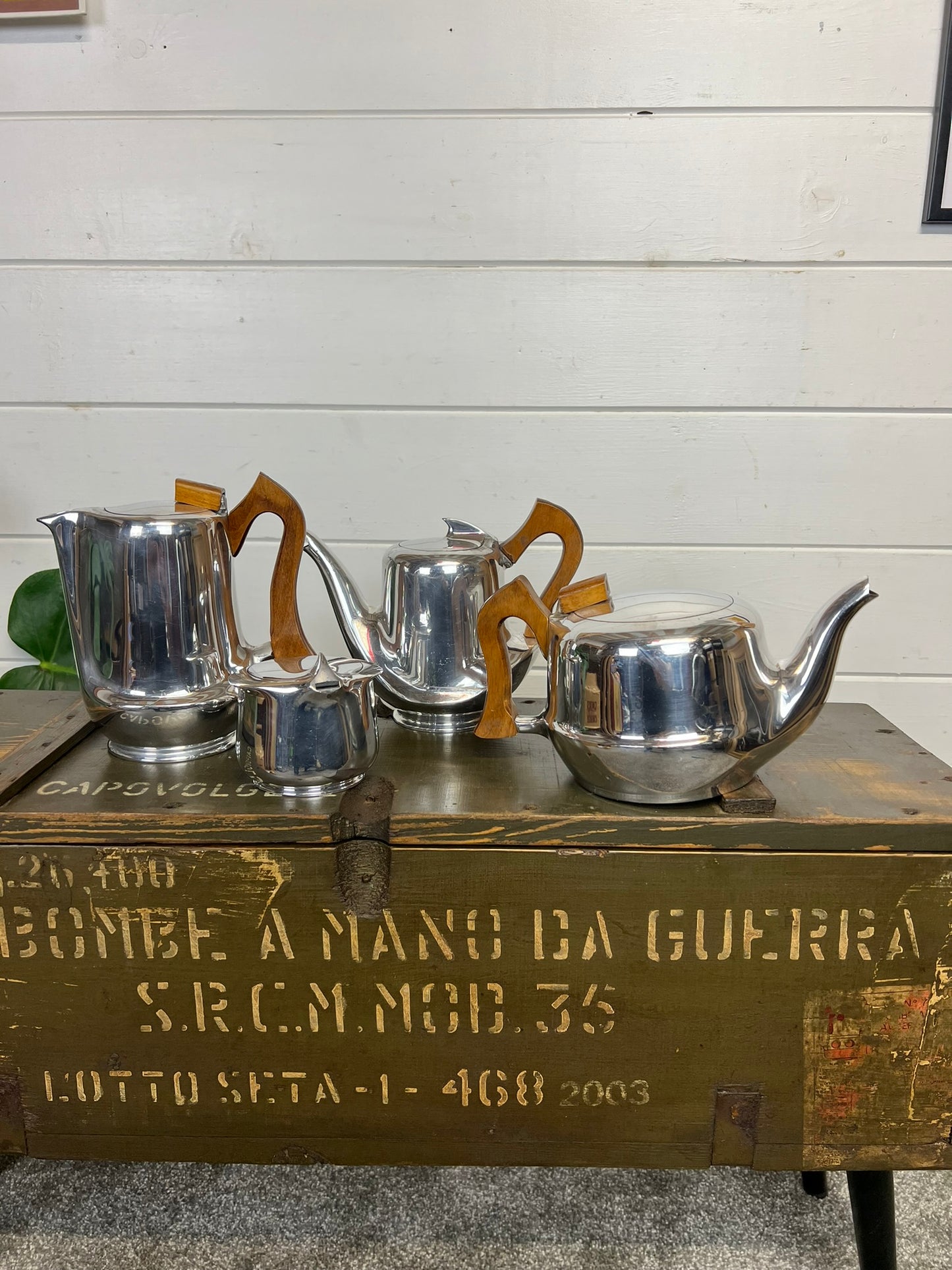 Vintage Picquot Ware Mid Century 4 Piece Stainless Steel Tea Service