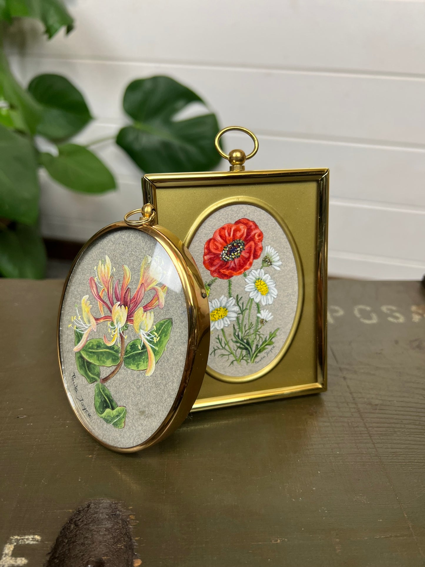 2x Vintage Paula Joyce Small Brass Oval Photo Frames Wild Flowers Design