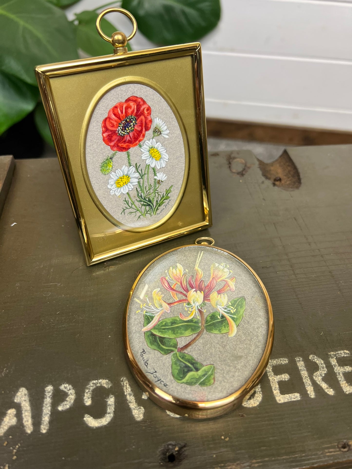 2x Vintage Paula Joyce Small Brass Oval Photo Frames Wild Flowers Design