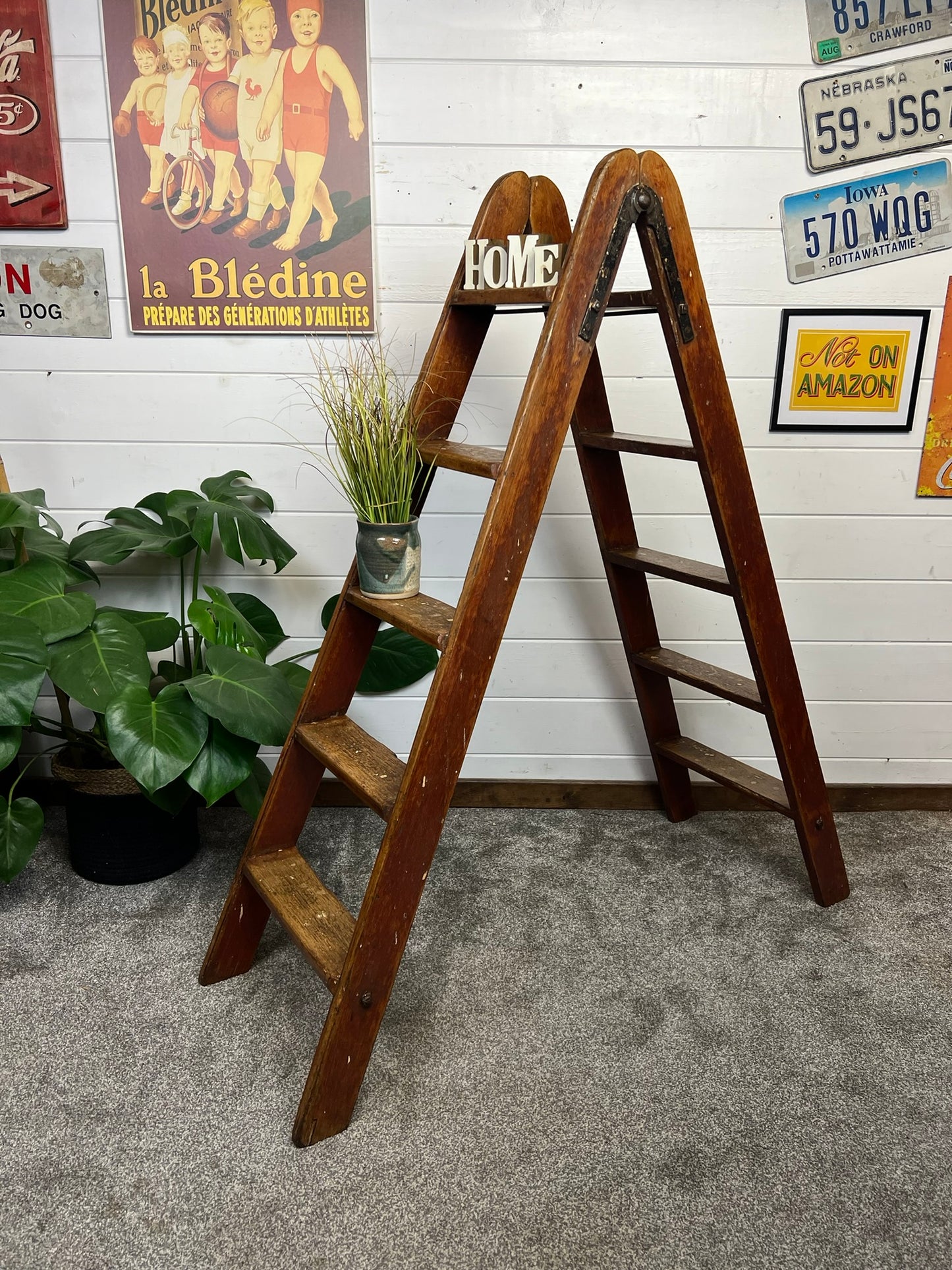Vintage Wooden Step Ladder Double Sided Waxed Rustic Library Farm Decor Display