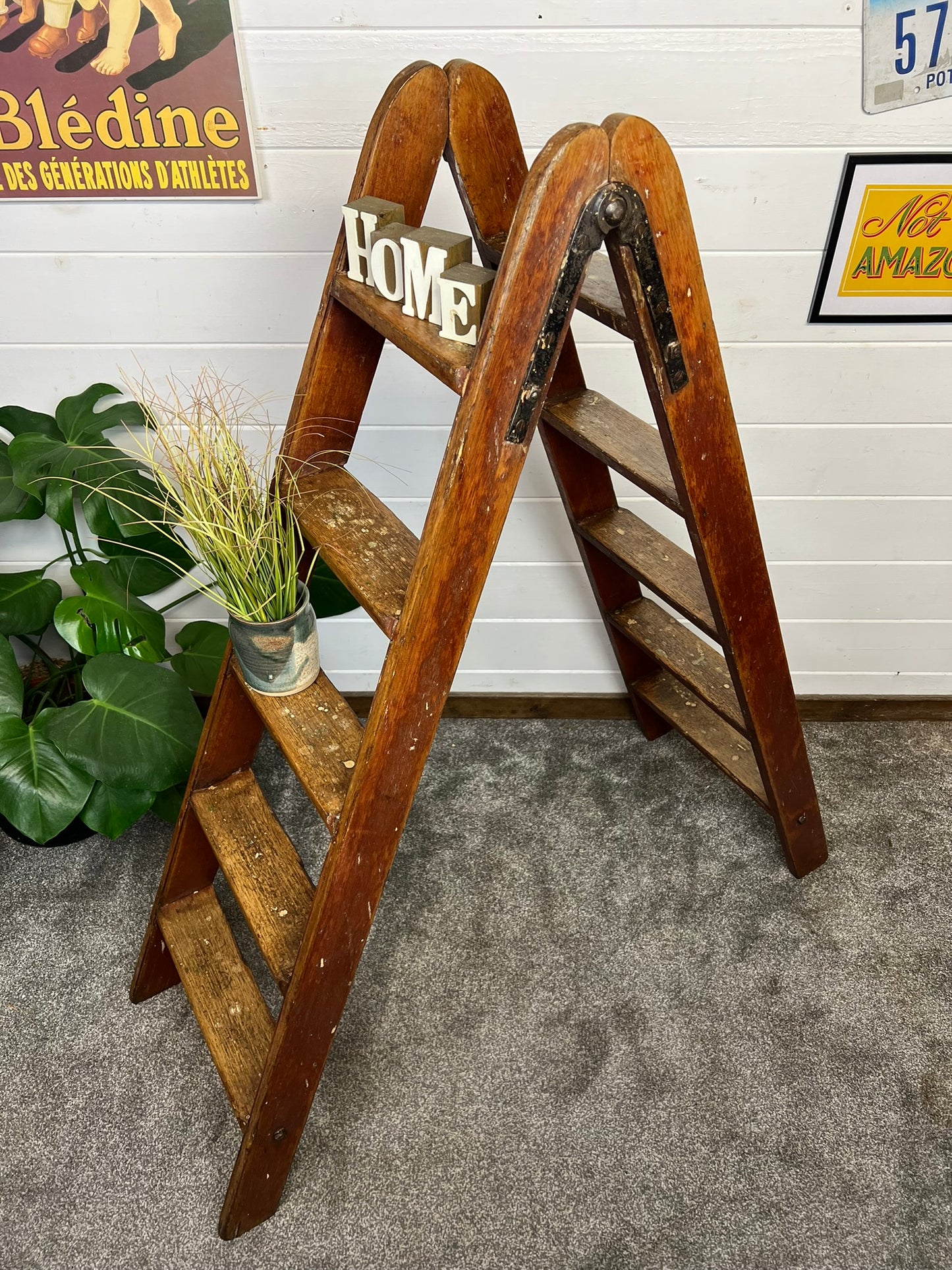 Vintage Wooden Step Ladder Double Sided Waxed Rustic Library Farm Decor Display