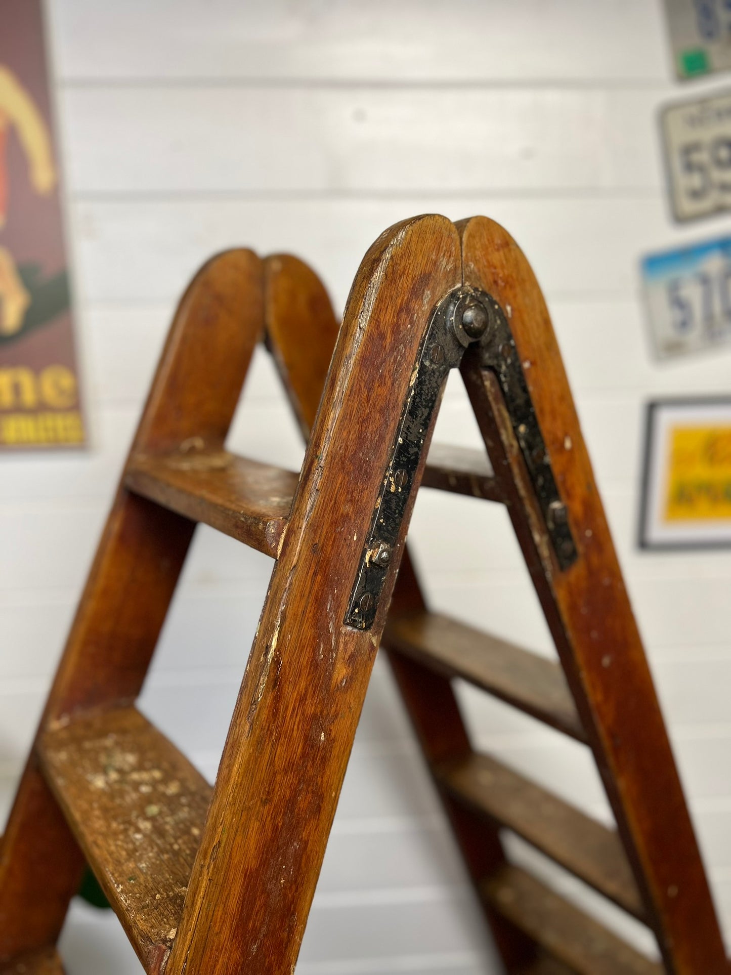Vintage Wooden Step Ladder Double Sided Waxed Rustic Library Farm Decor Display