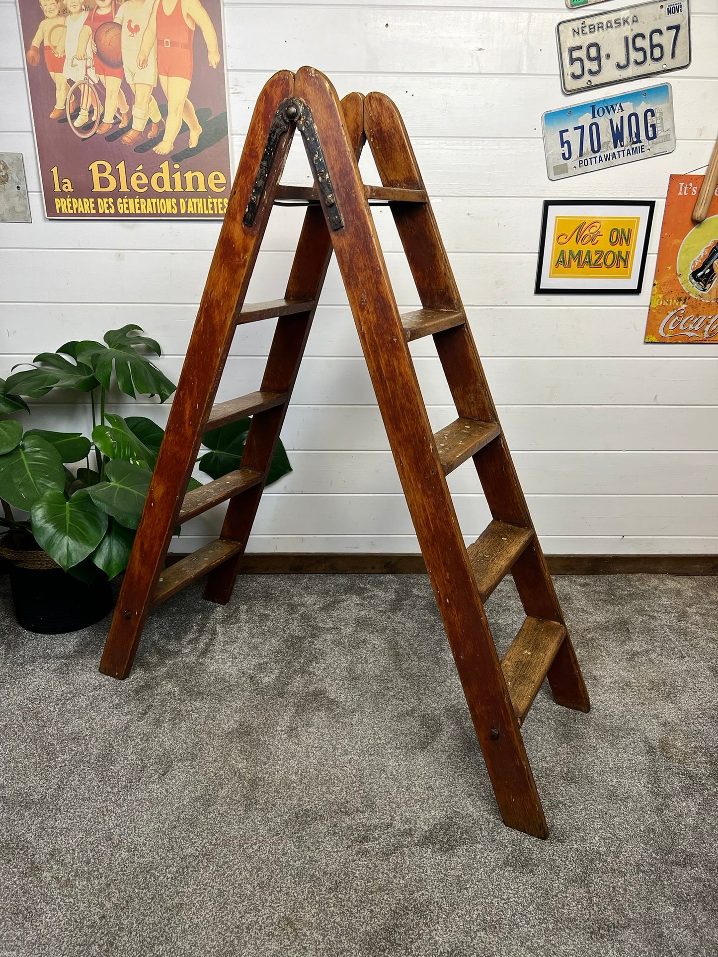 Vintage Wooden Step Ladder Double Sided Waxed Rustic Library Farm Decor Display