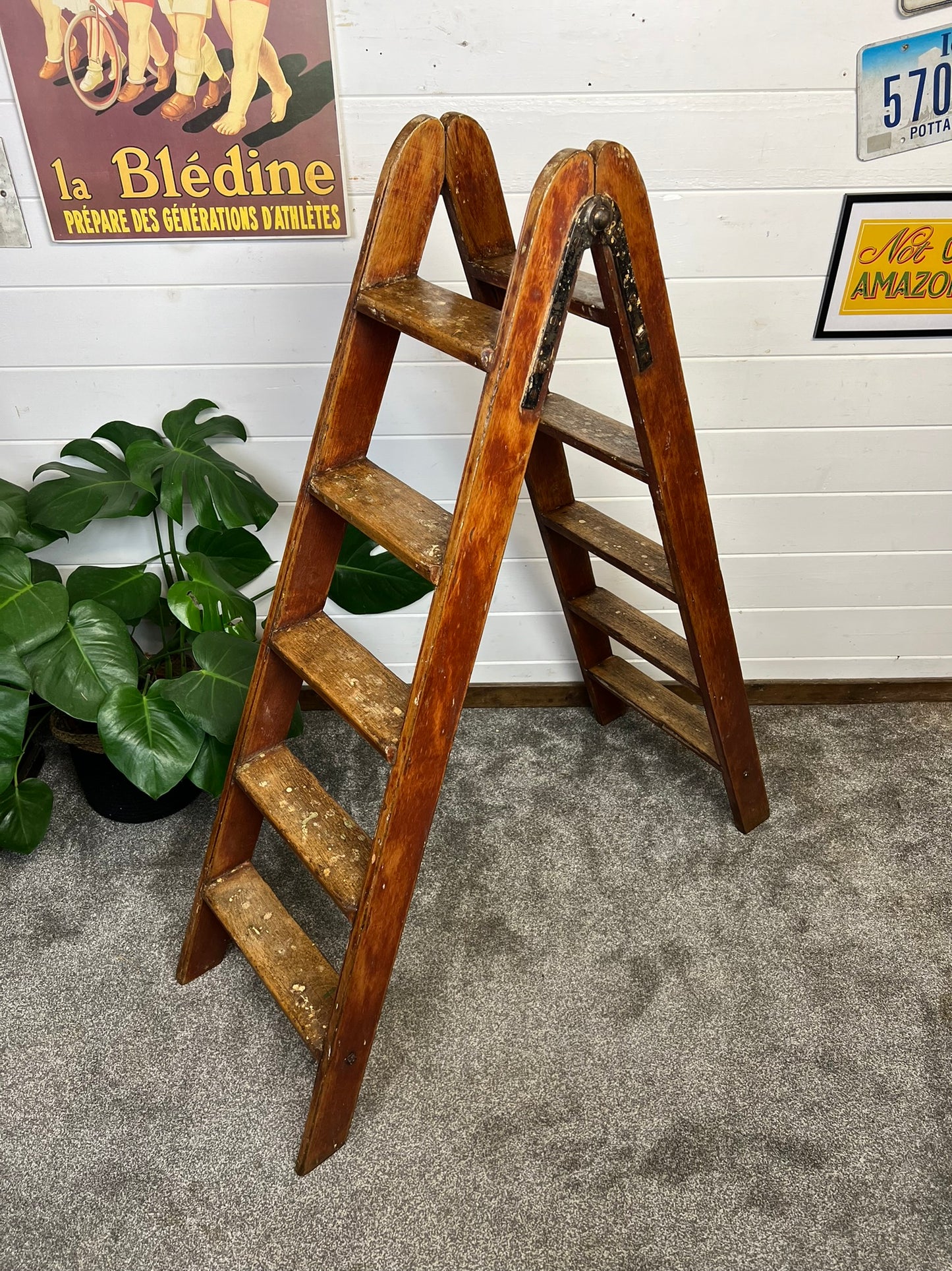 Vintage Wooden Step Ladder Double Sided Waxed Rustic Library Farm Decor Display
