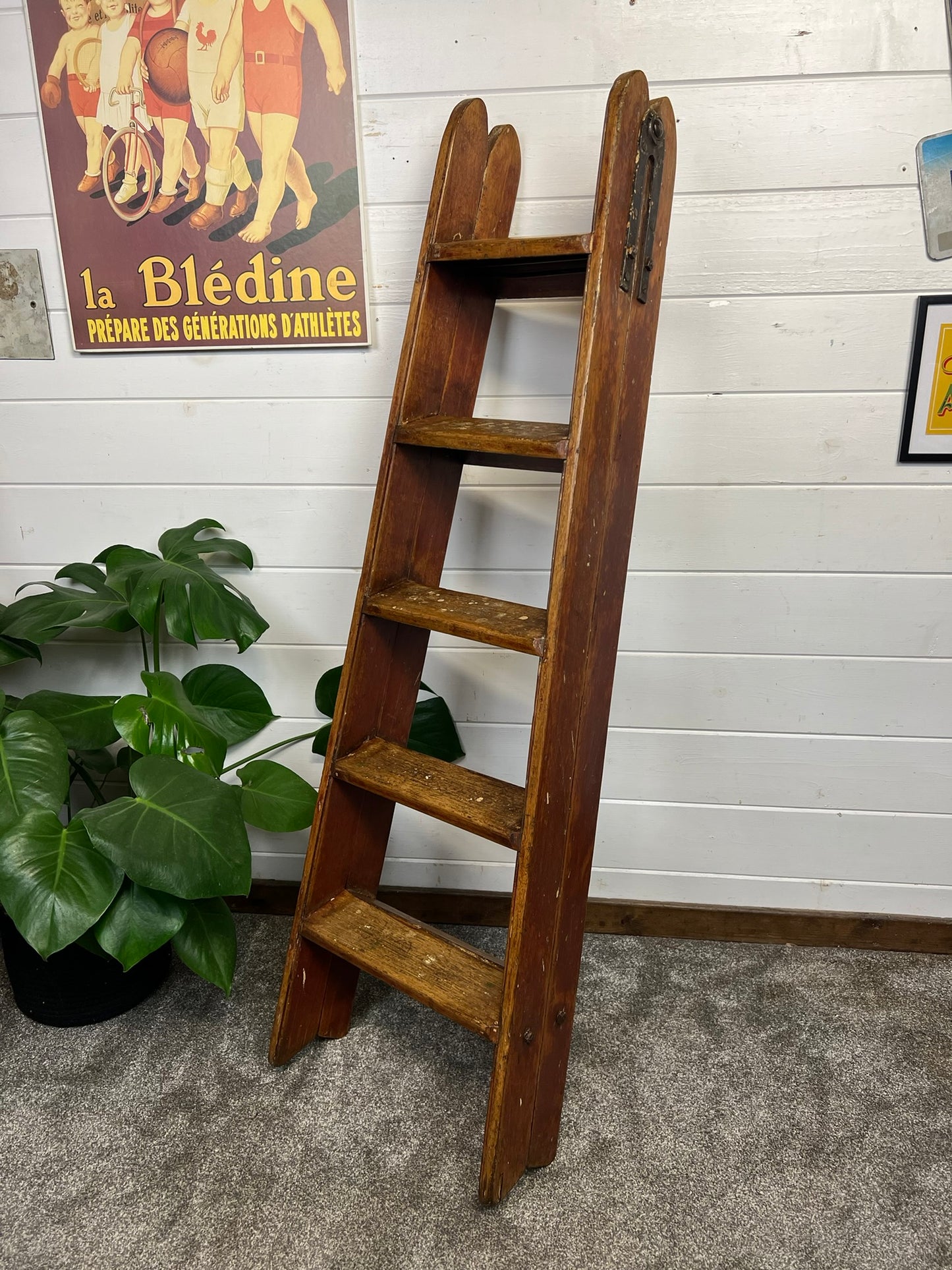 Vintage Wooden Step Ladder Double Sided Waxed Rustic Library Farm Decor Display