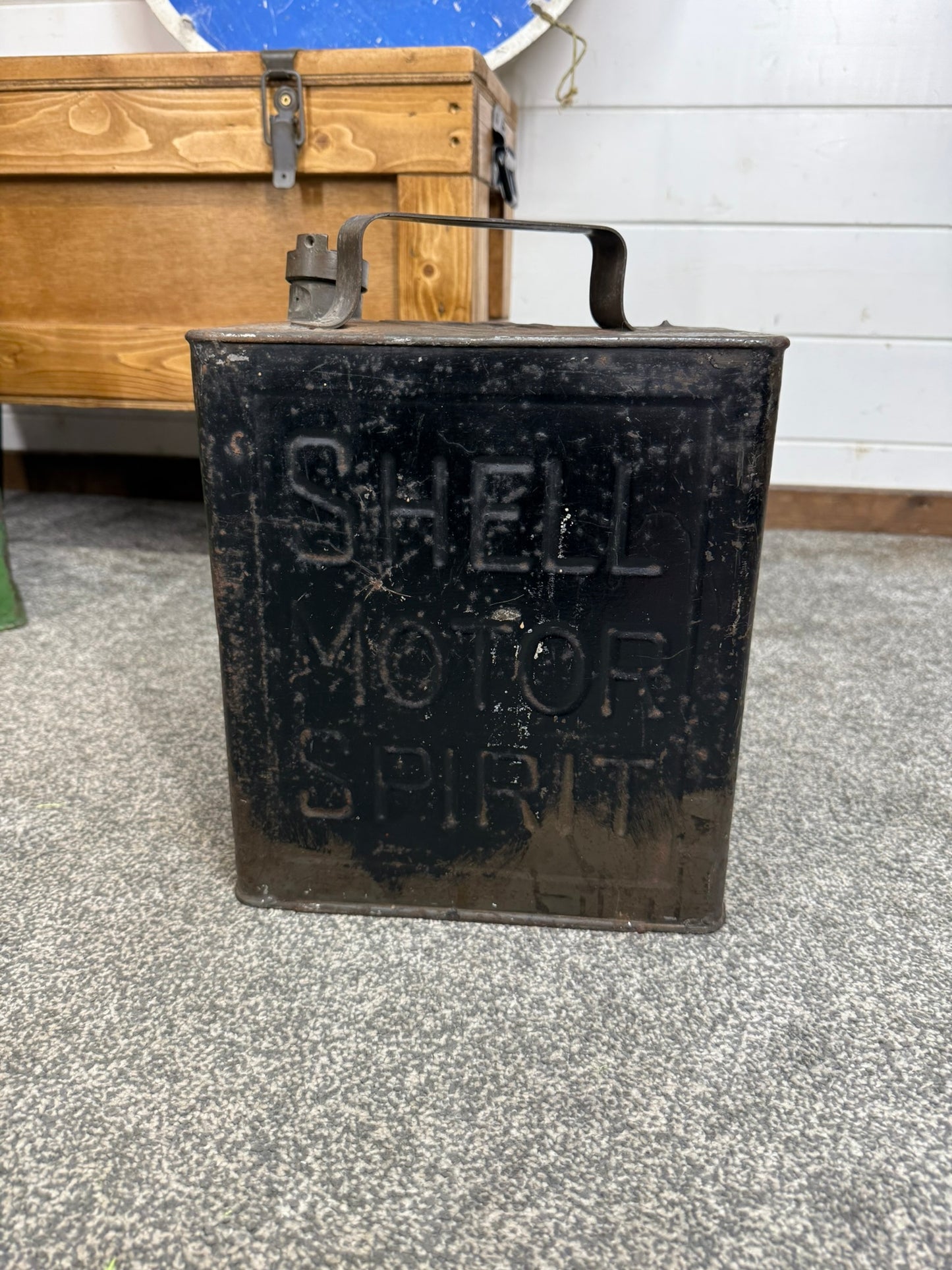 Vintage Shell Motor Spirit Petrol Can with Shell Brass Cap Dated 1949