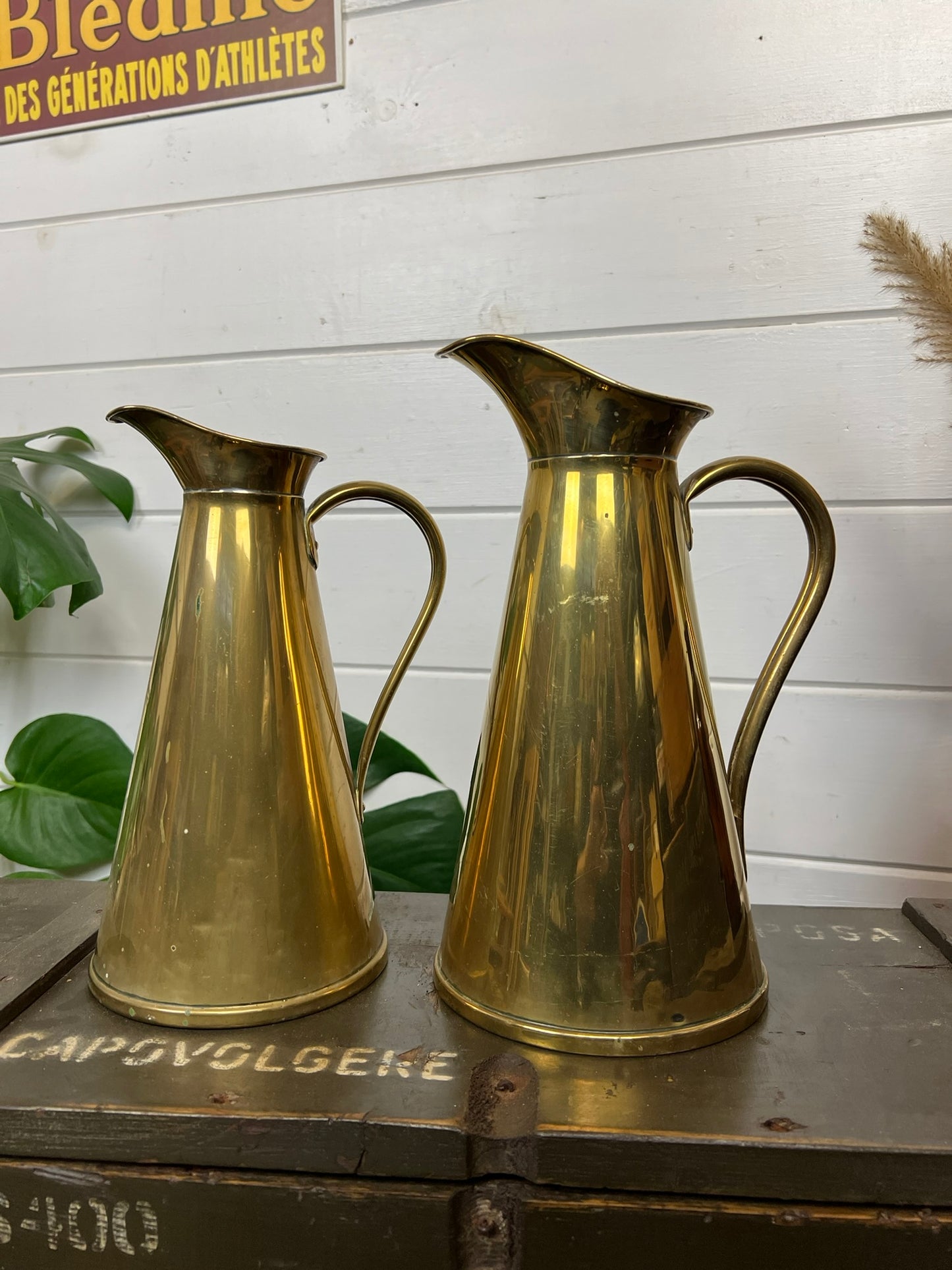 2x Vintage Brass Jug Pitcher Vase Joseph Sankey J.S & S Boho Art Nouveau Antique Deco