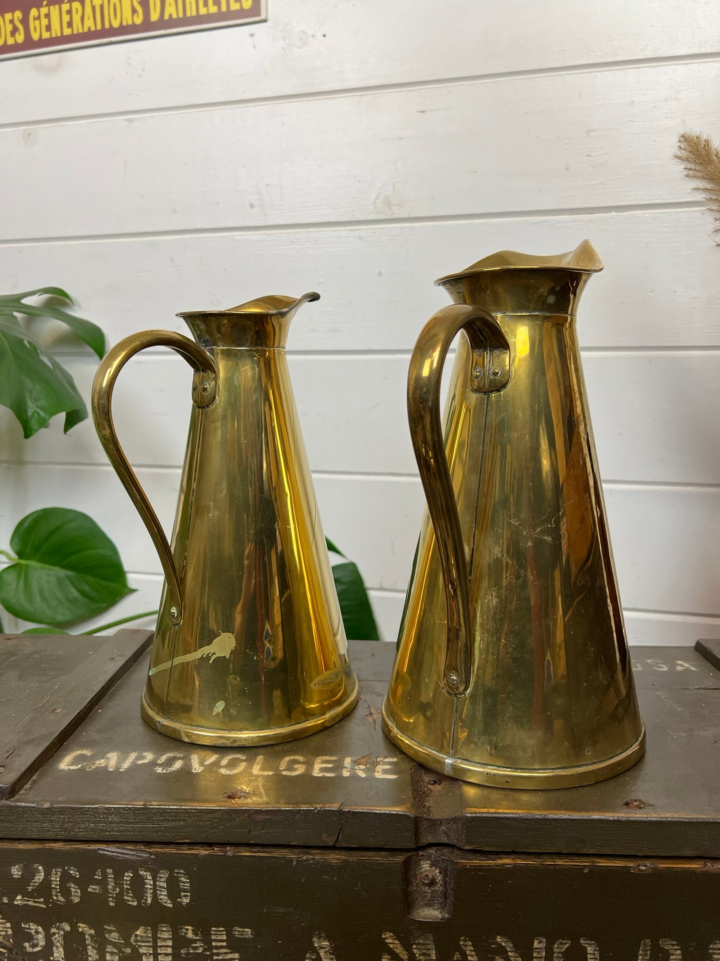 2x Vintage Brass Jug Pitcher Vase Joseph Sankey J.S & S Boho Art Nouveau Antique Deco