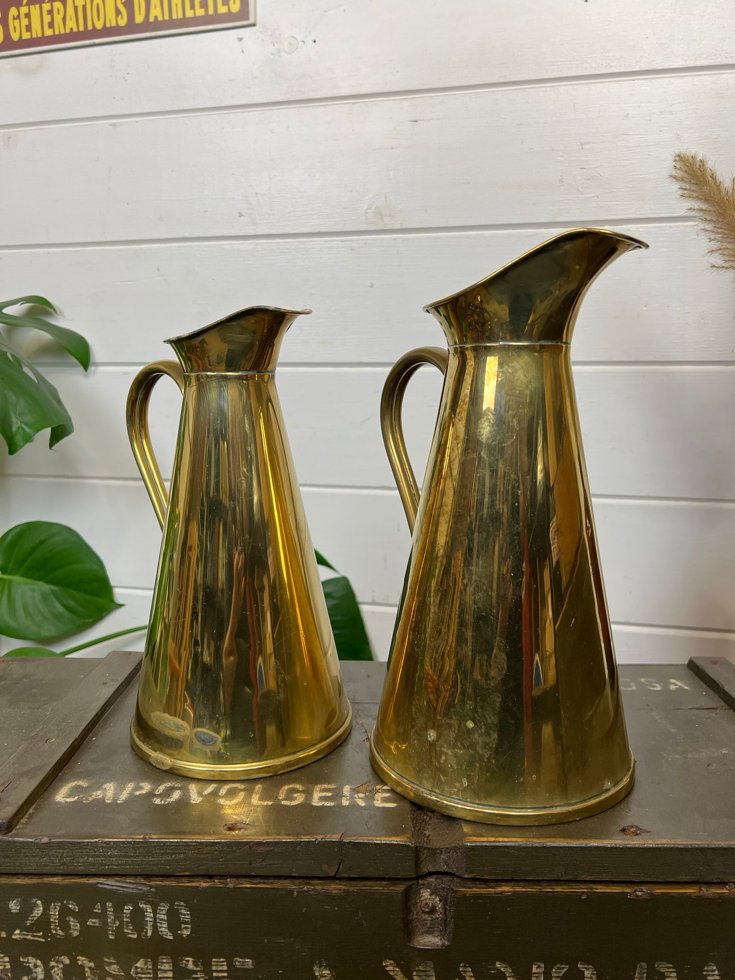 2x Vintage Brass Jug Pitcher Vase Joseph Sankey J.S & S Boho Art Nouveau Antique Deco