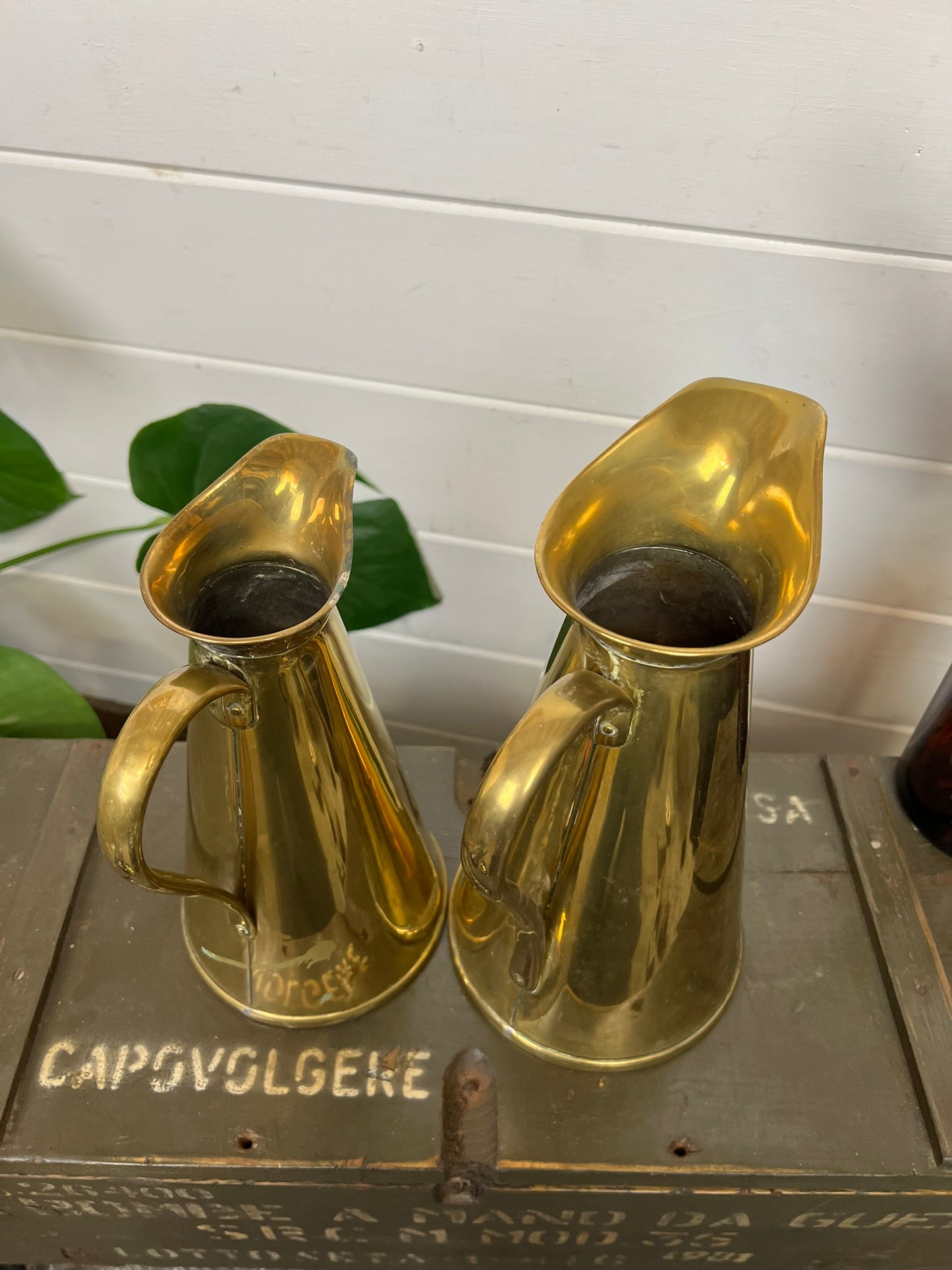 2x Vintage Brass Jug Pitcher Vase Joseph Sankey J.S & S Boho Art Nouveau Antique Deco