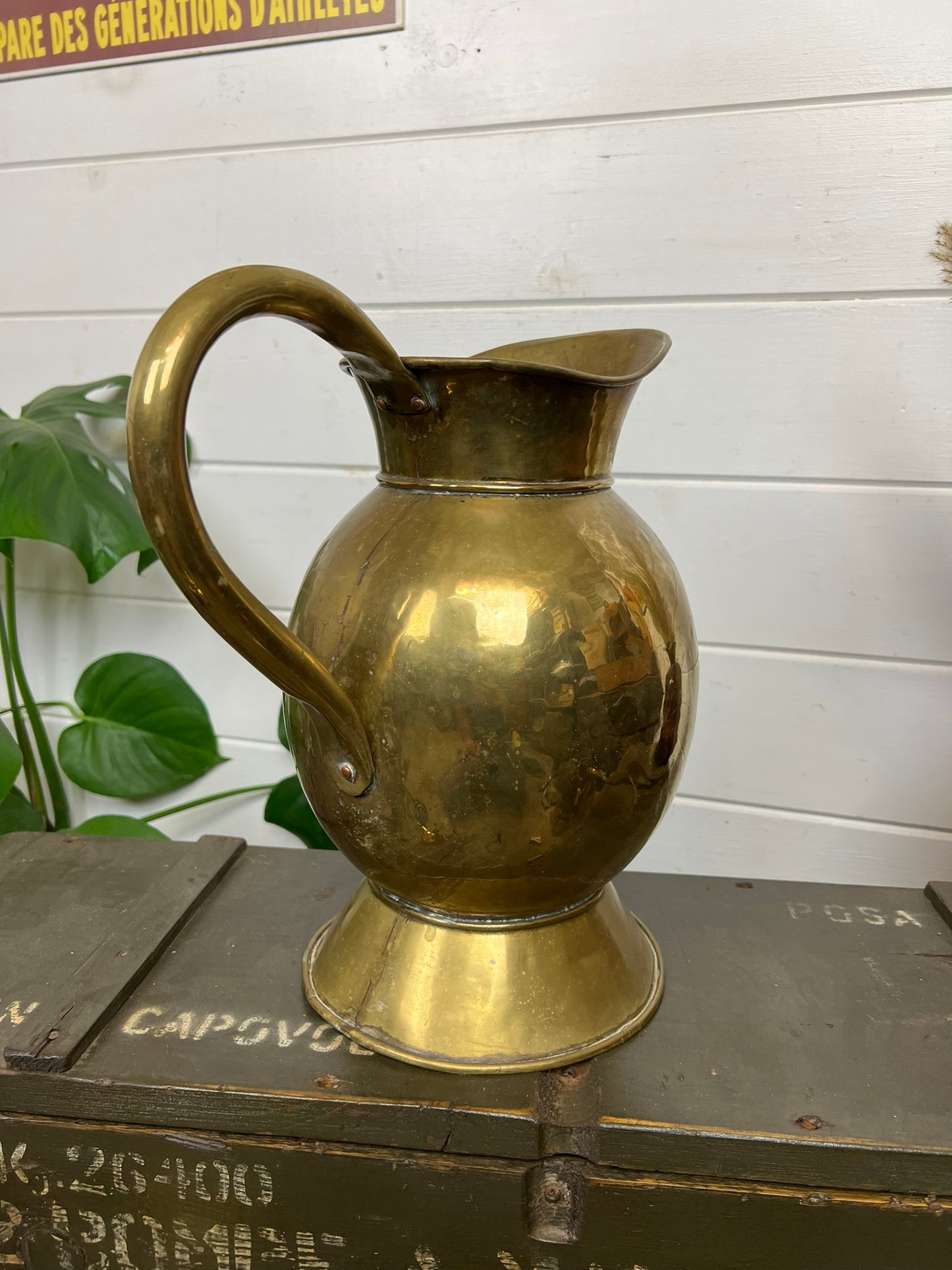 Large Vintage Solid Brass Jug Pitcher Vase 20th Century Boho Art Nouveau Antique Deco