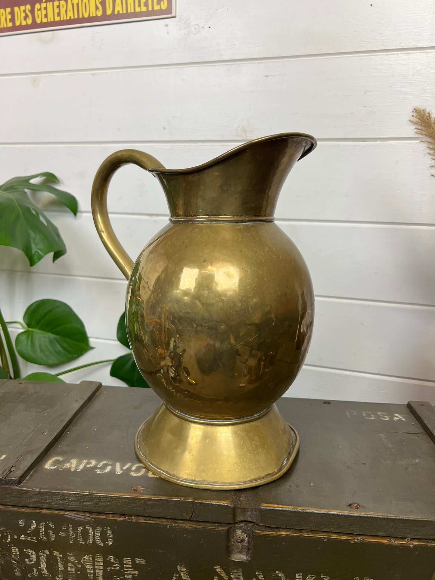 Large Vintage Solid Brass Jug Pitcher Vase 20th Century Boho Art Nouveau Antique Deco