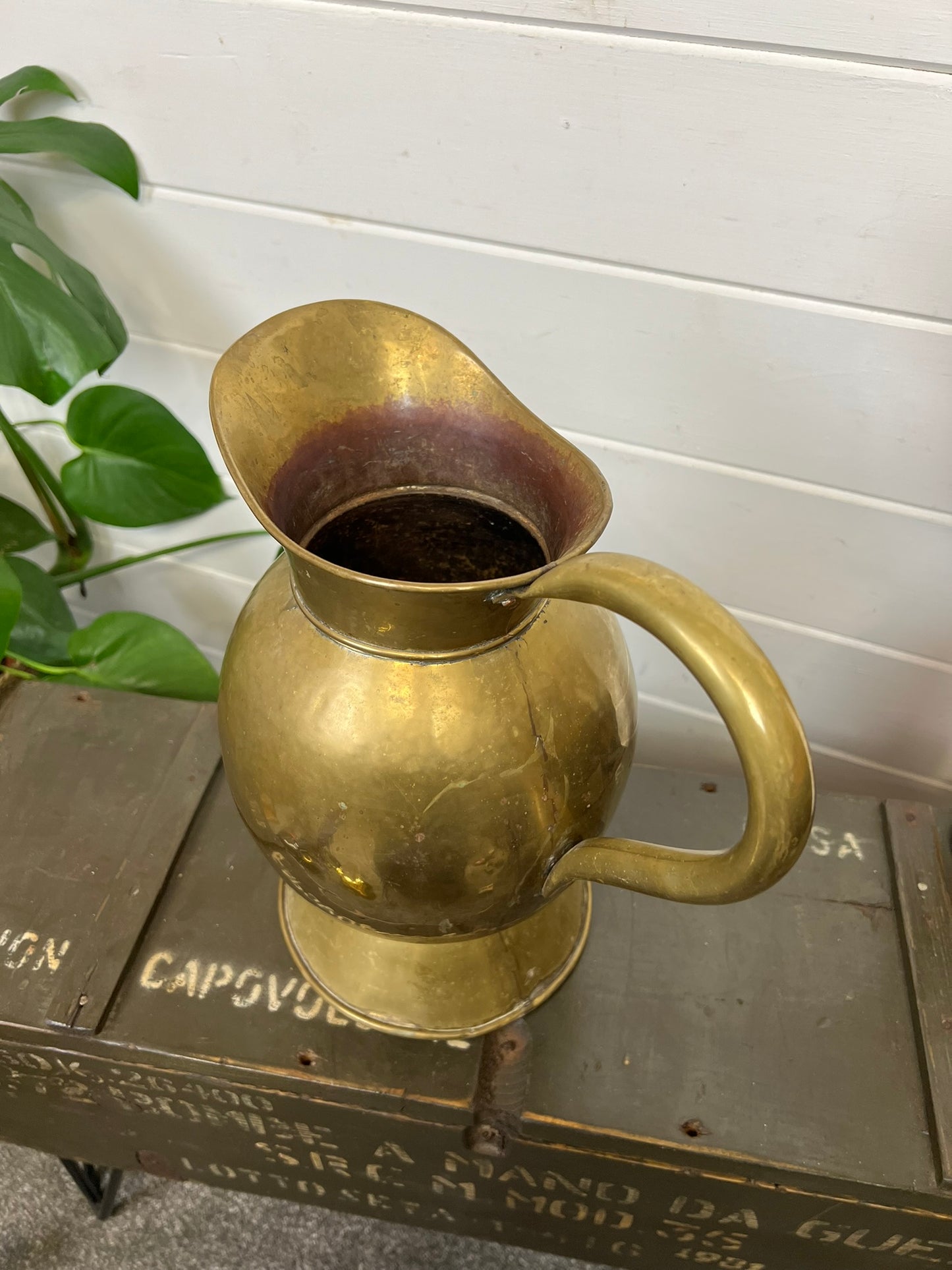 Large Vintage Solid Brass Jug Pitcher Vase 20th Century Boho Art Nouveau Antique Deco