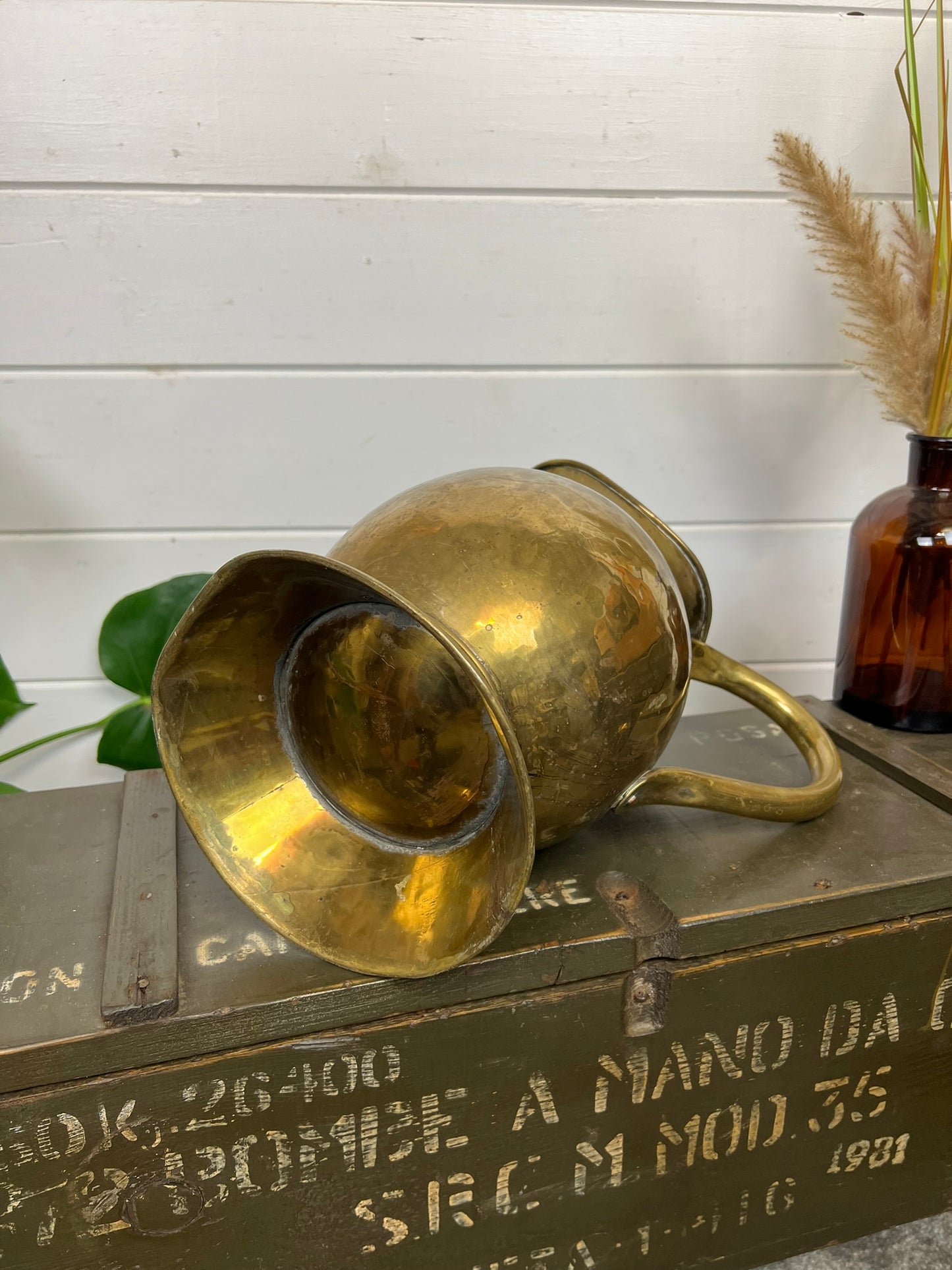 Large Vintage Solid Brass Jug Pitcher Vase 20th Century Boho Art Nouveau Antique Deco