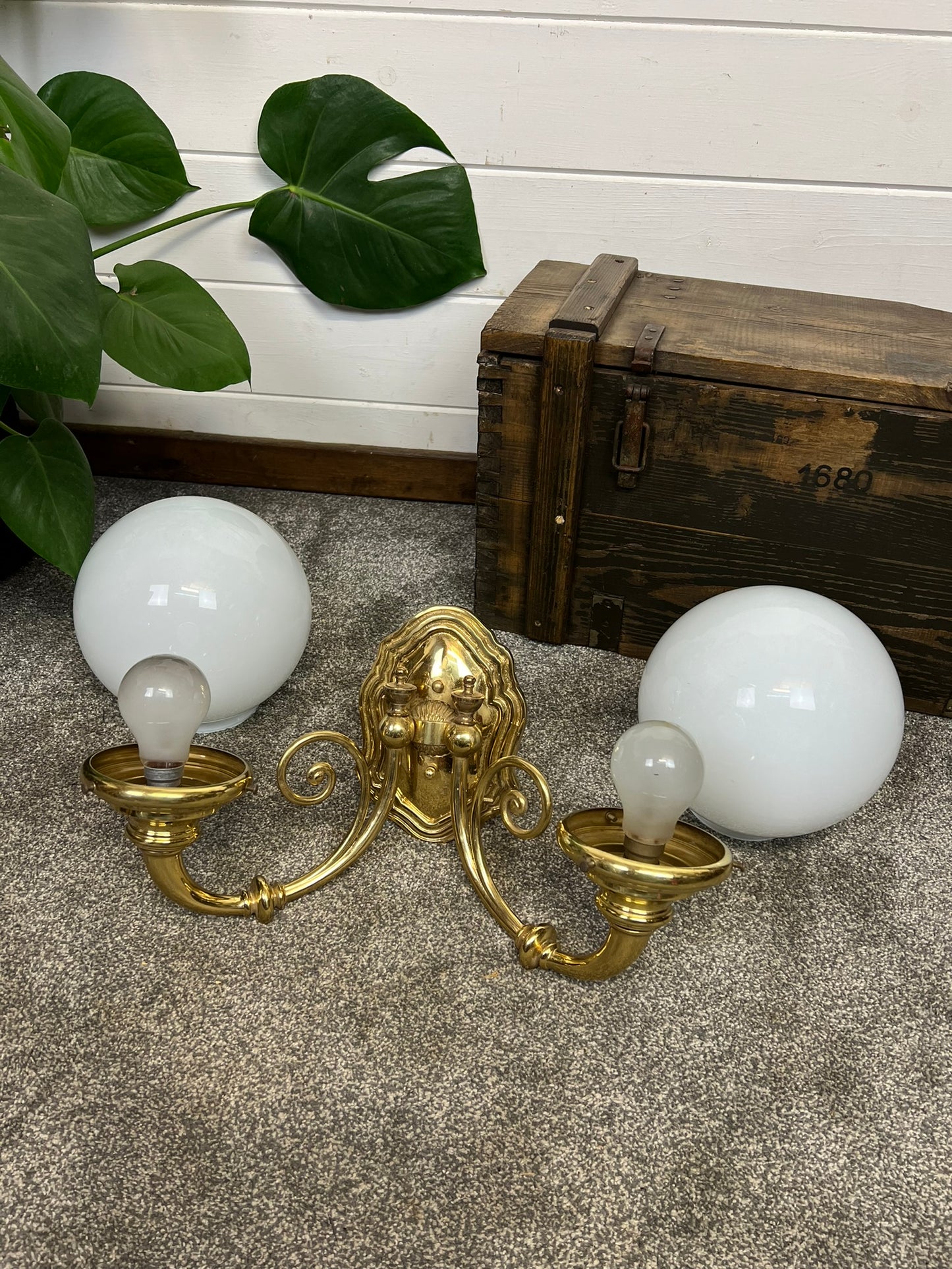 Vintage Brass Ornate Double Wall Lights With Glass Globes 20th Century Art Deco