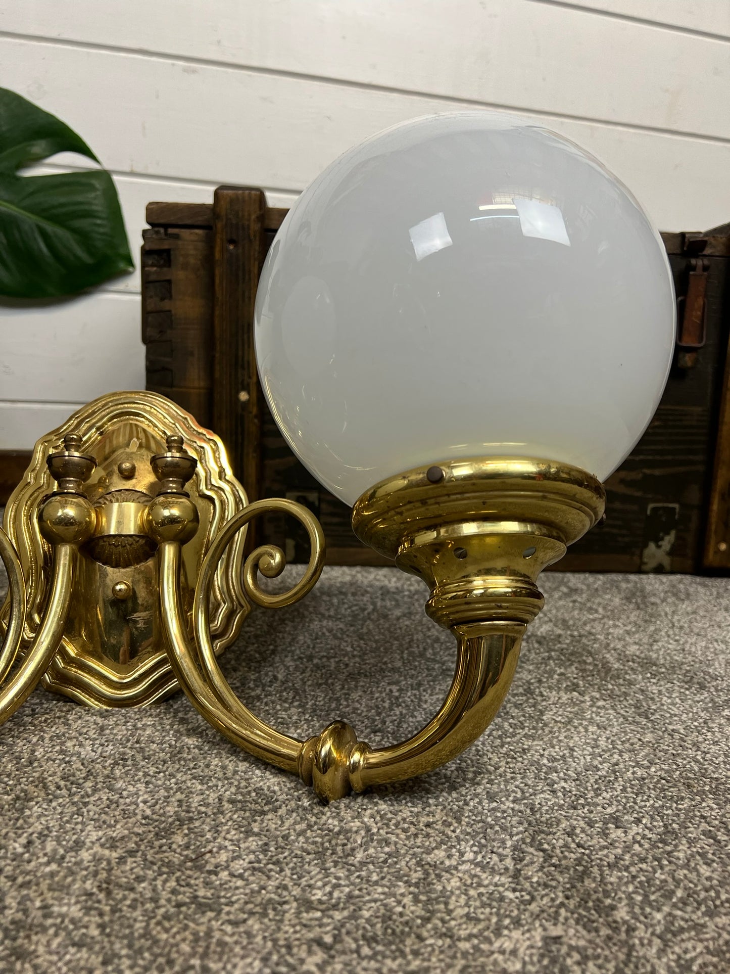 Vintage Brass Ornate Double Wall Lights With Glass Globes 20th Century Art Deco