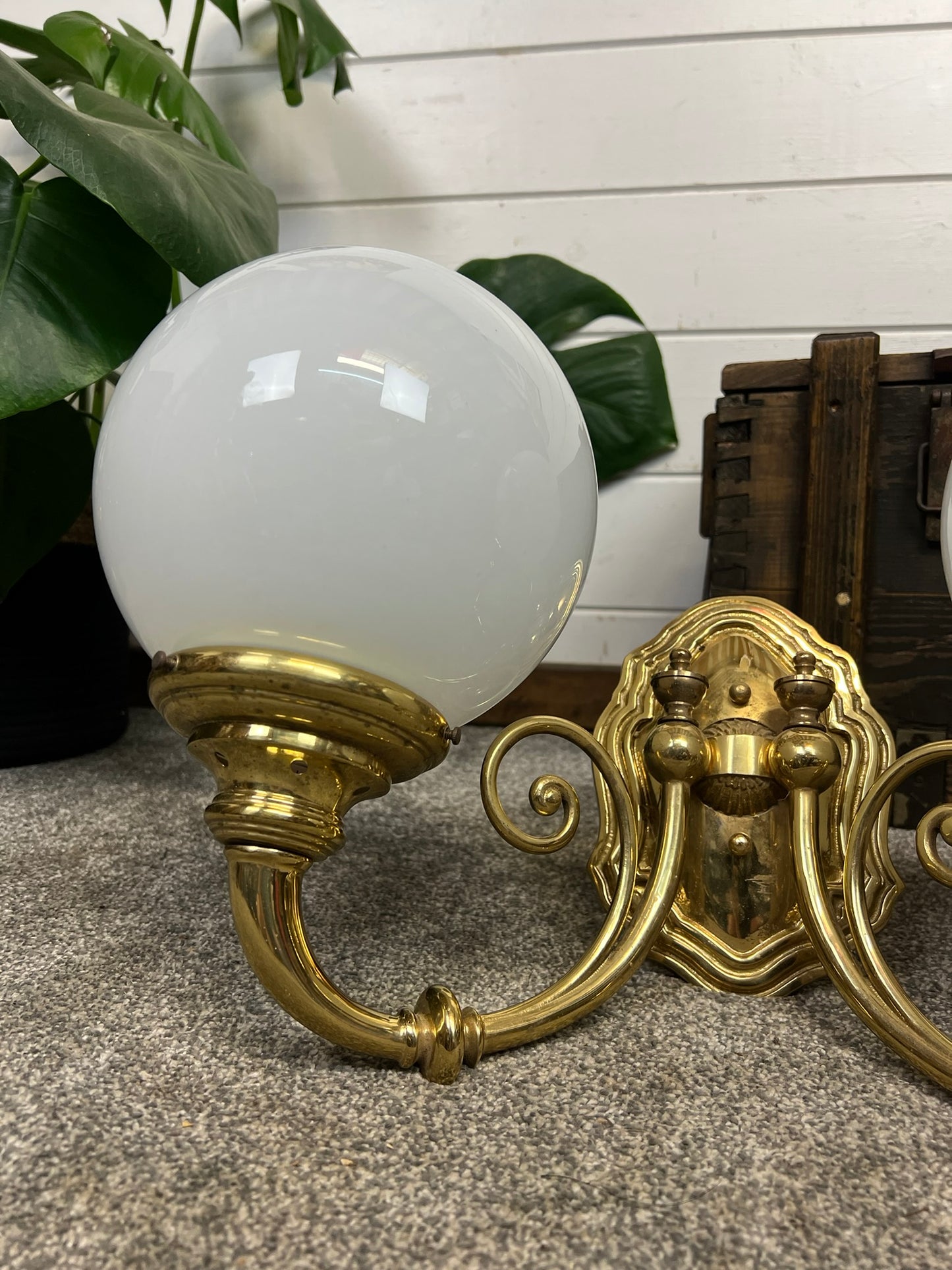 Vintage Brass Ornate Double Wall Lights With Glass Globes 20th Century Art Deco