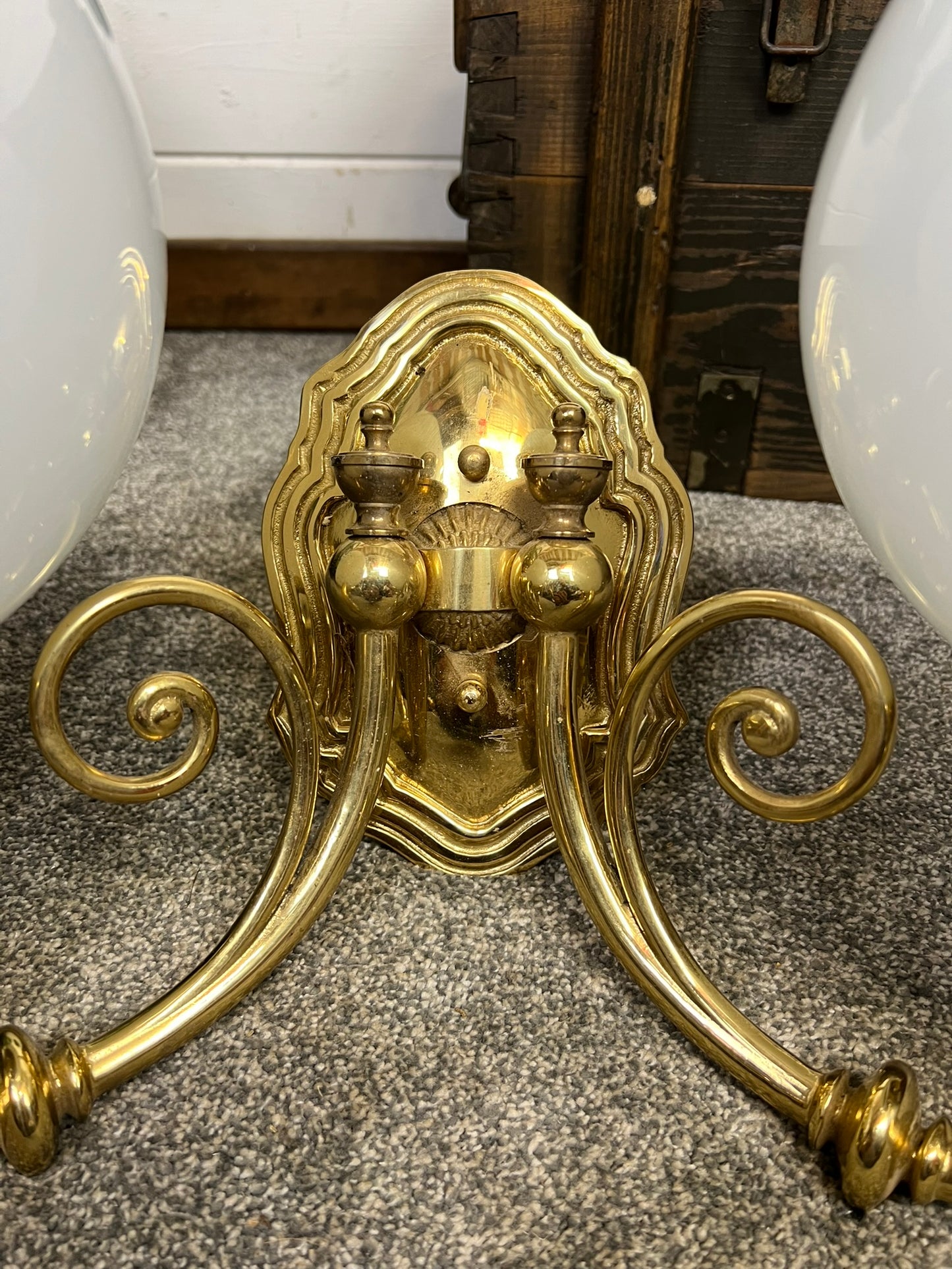 Vintage Brass Ornate Double Wall Lights With Glass Globes 20th Century Art Deco