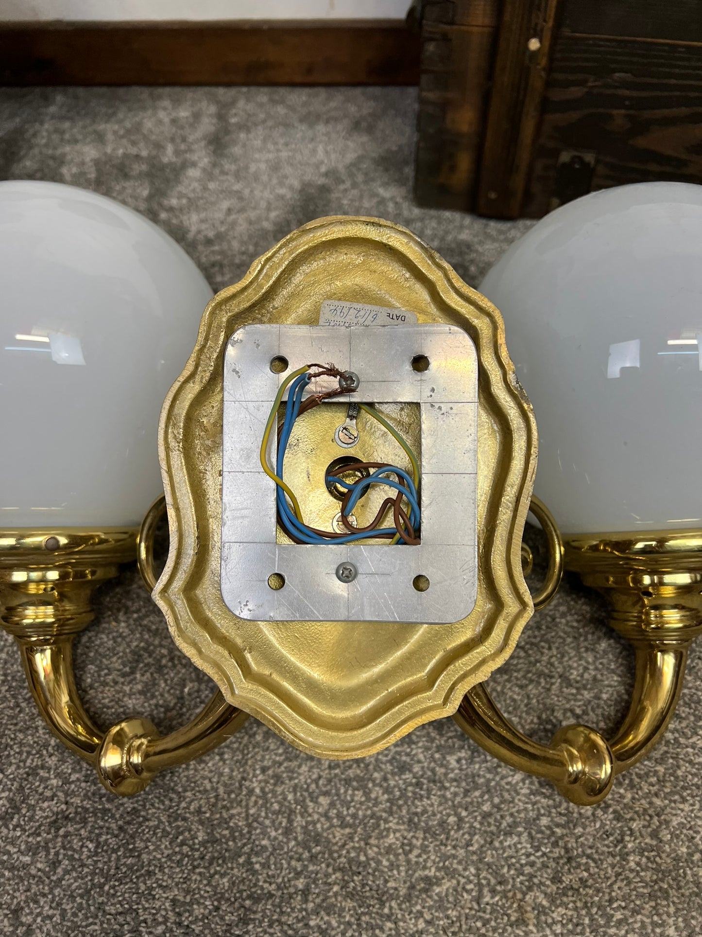 Vintage Brass Ornate Double Wall Lights With Glass Globes 20th Century Art Deco