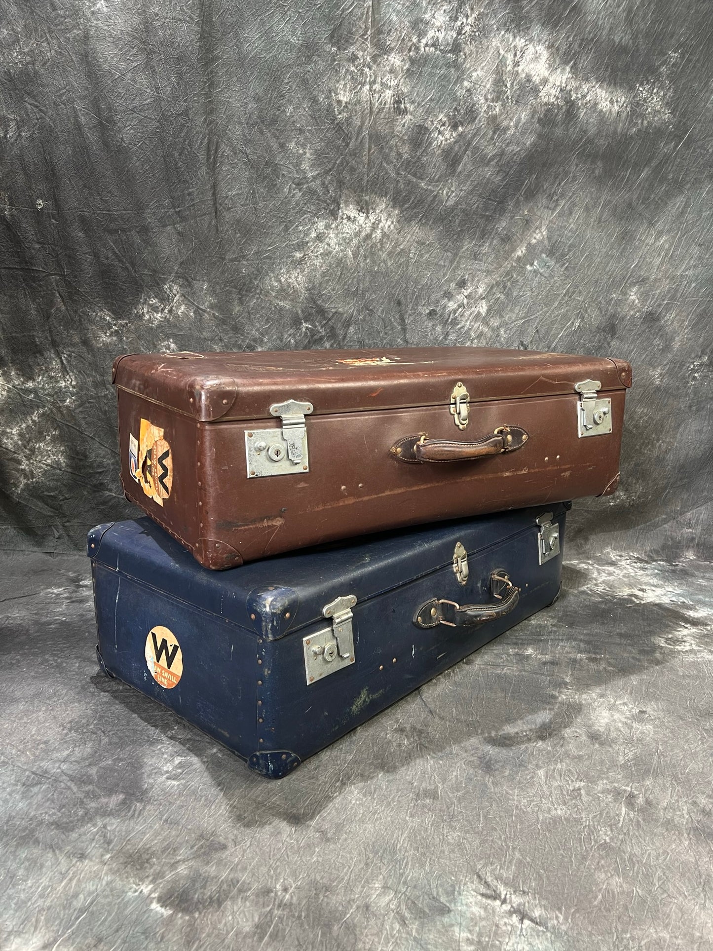 Pair of Vintage Globe Trotter Hard Case Suitcase Travel Labels Trunk Boho Décor Display Prop