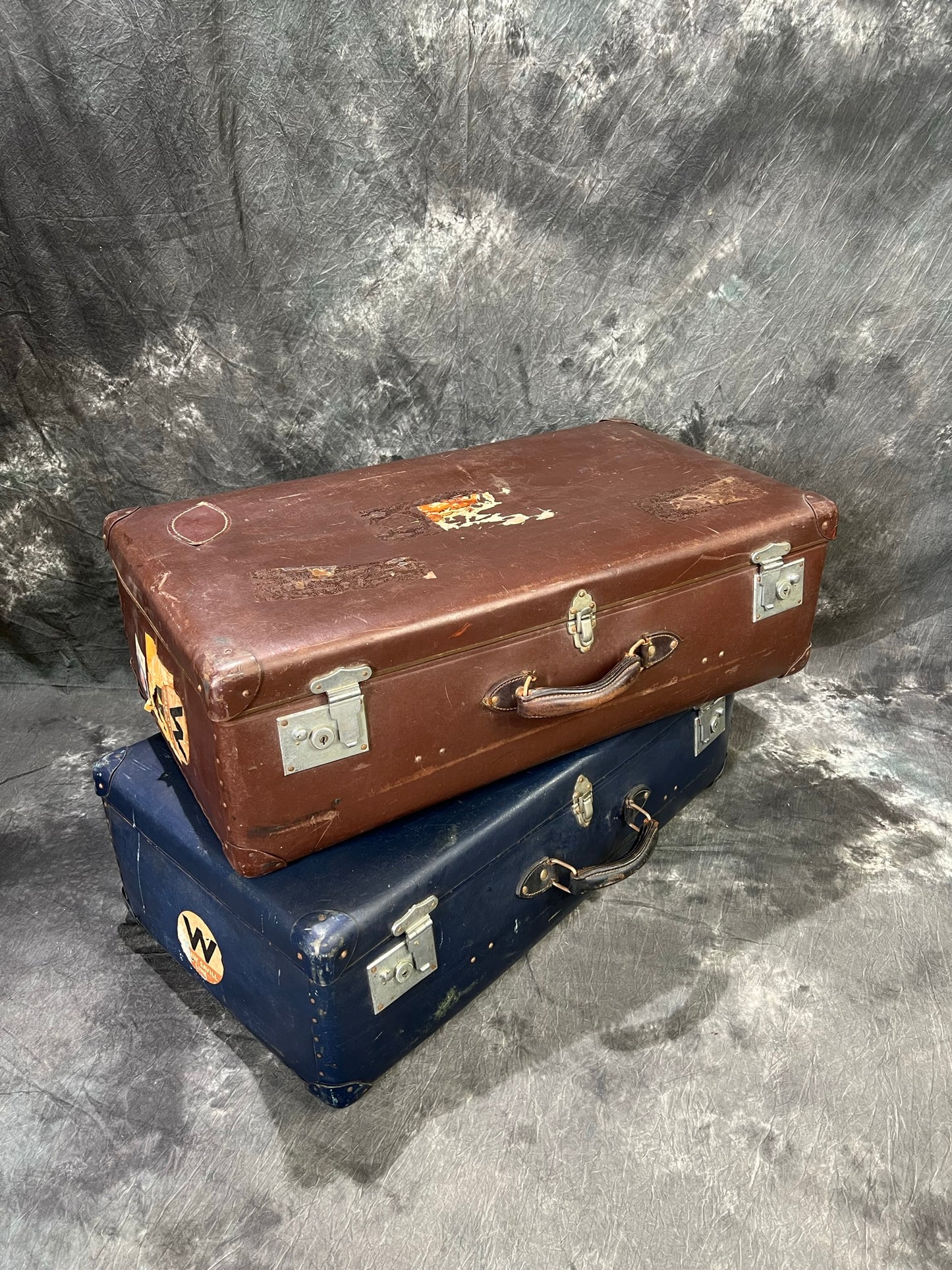 Pair of Vintage Globe Trotter Hard Case Suitcase Travel Labels Trunk Boho Décor Display Prop
