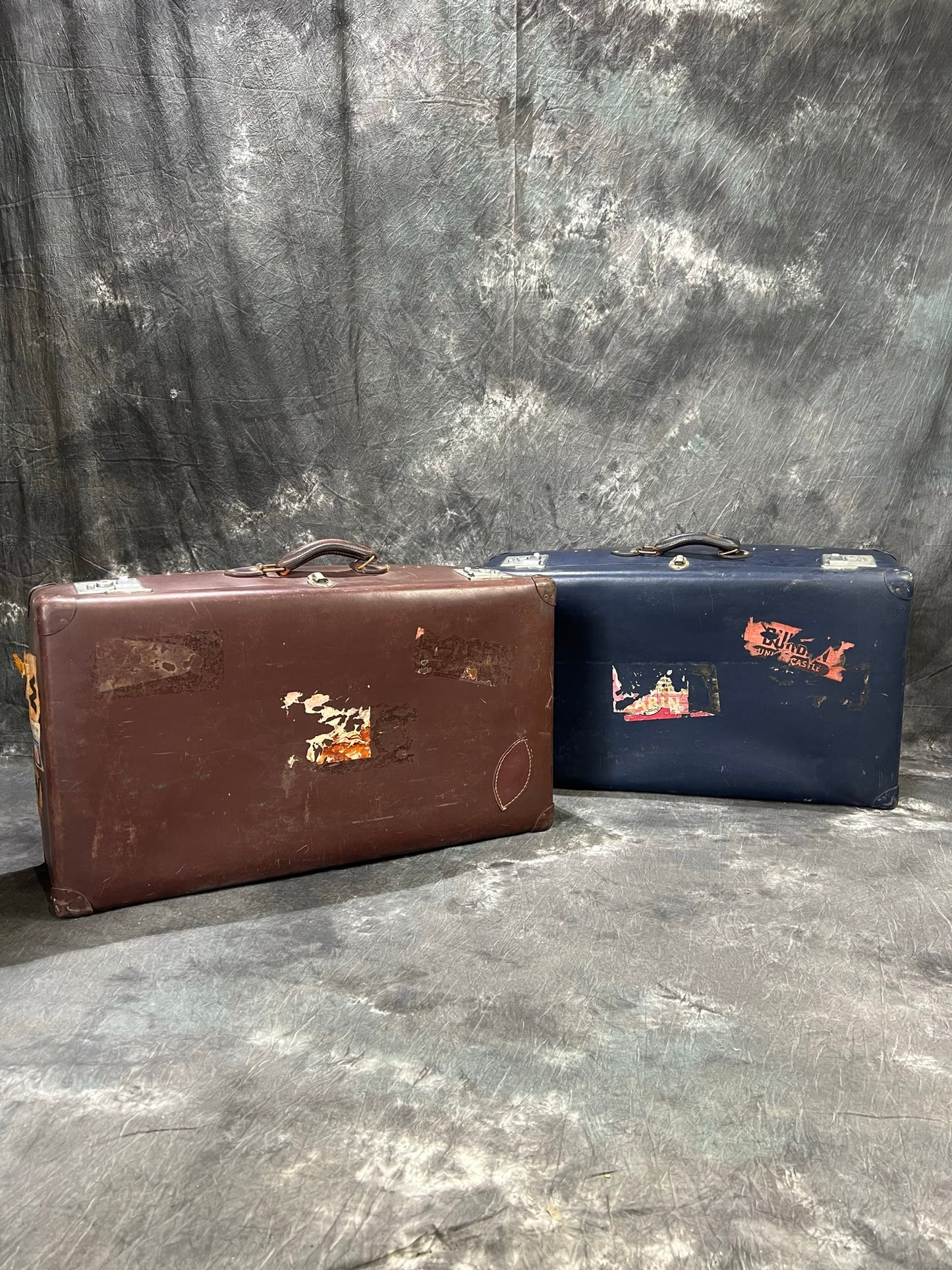 Pair of Vintage Globe Trotter Hard Case Suitcase Travel Labels Trunk Boho Décor Display Prop
