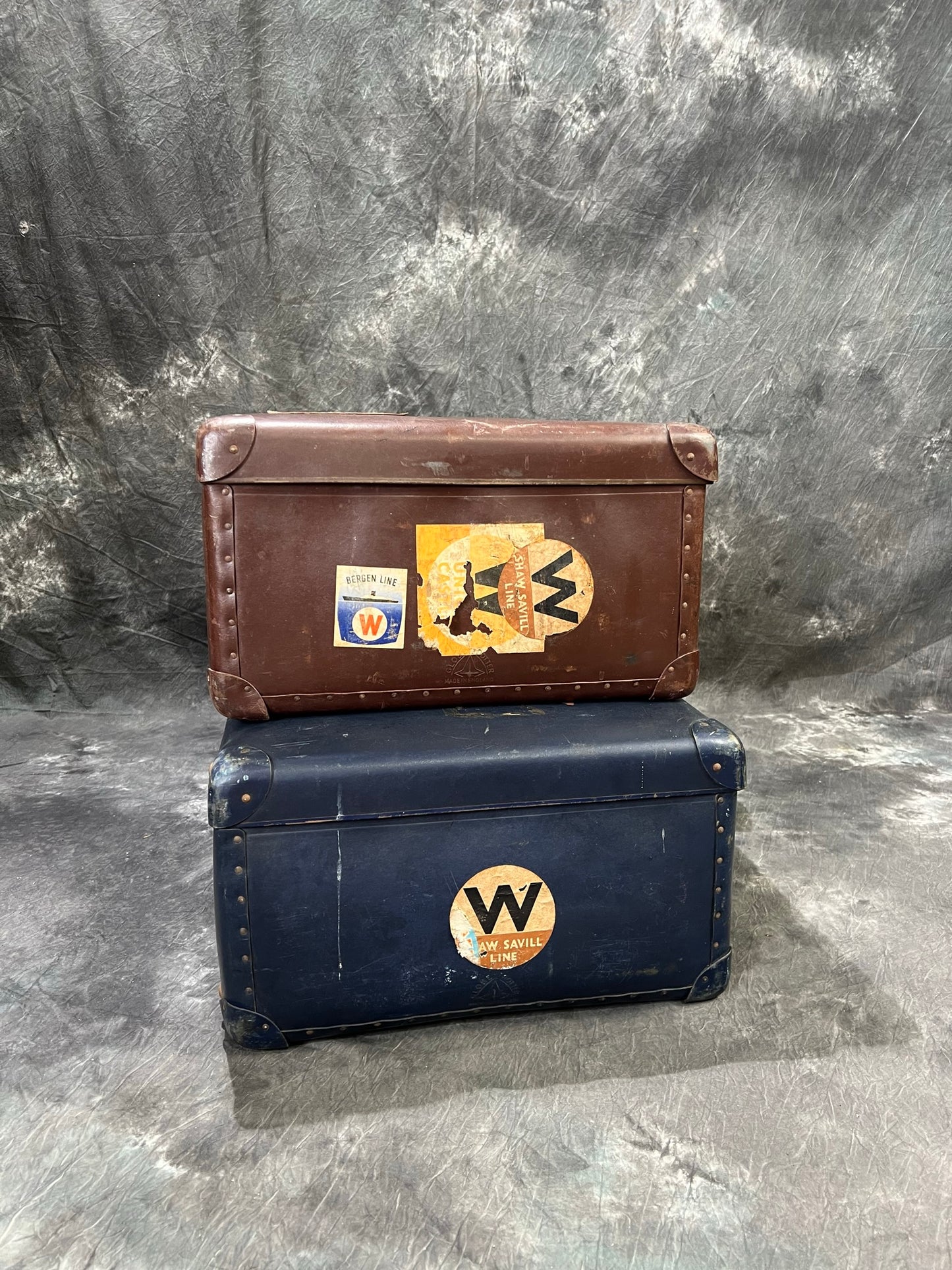 Pair of Vintage Globe Trotter Hard Case Suitcase Travel Labels Trunk Boho Décor Display Prop