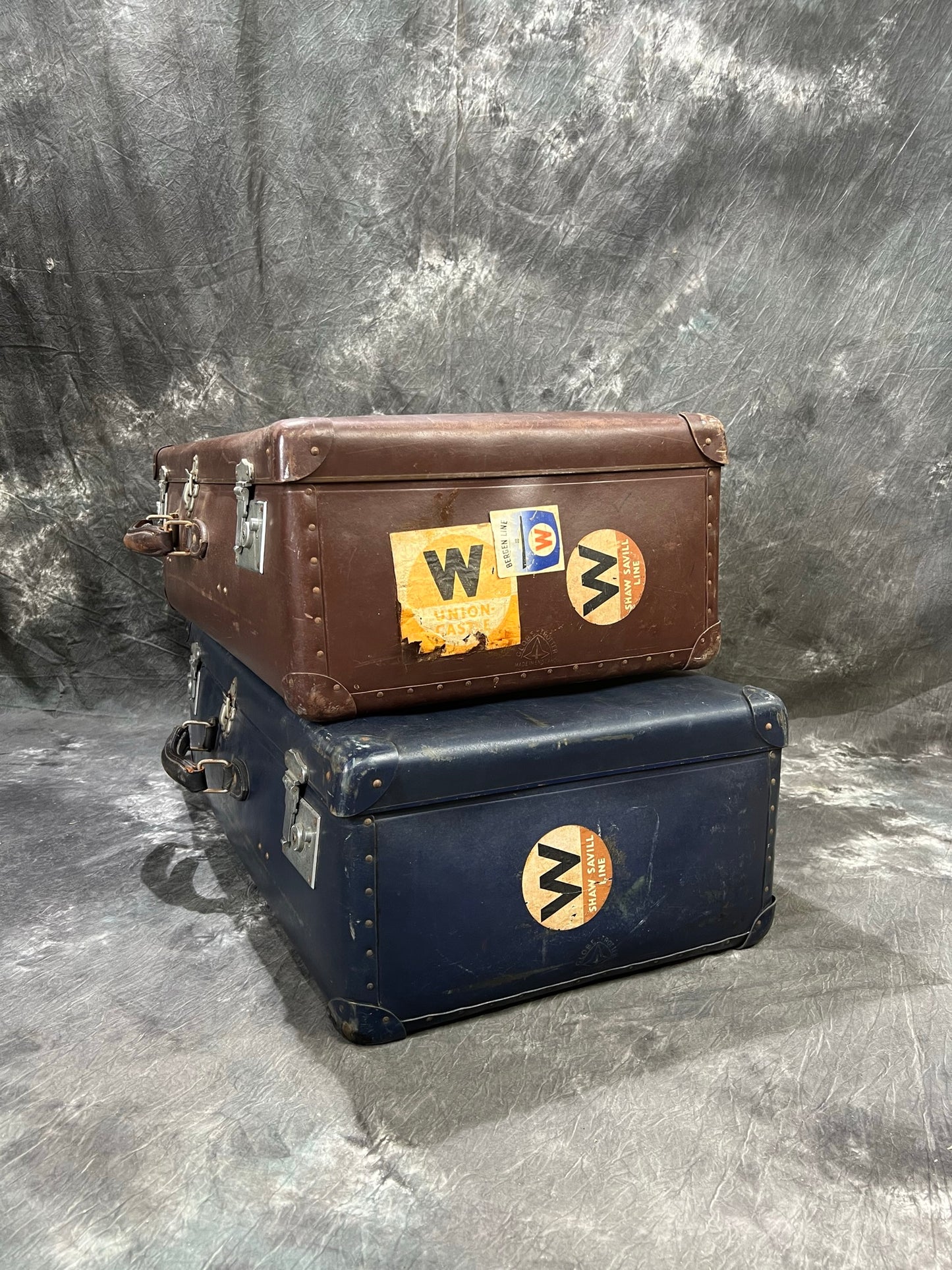 Pair of Vintage Globe Trotter Hard Case Suitcase Travel Labels Trunk Boho Décor Display Prop