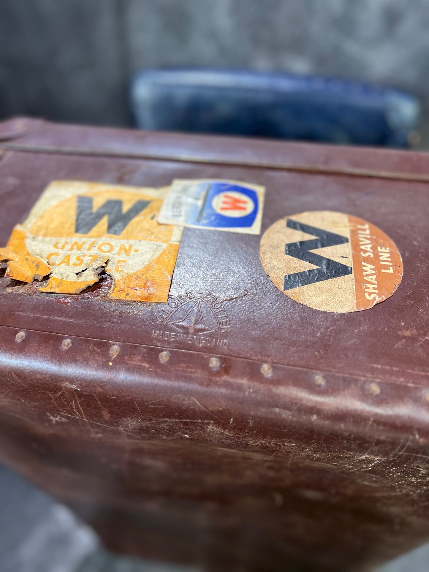 Pair of Vintage Globe Trotter Hard Case Suitcase Travel Labels Trunk Boho Décor Display Prop