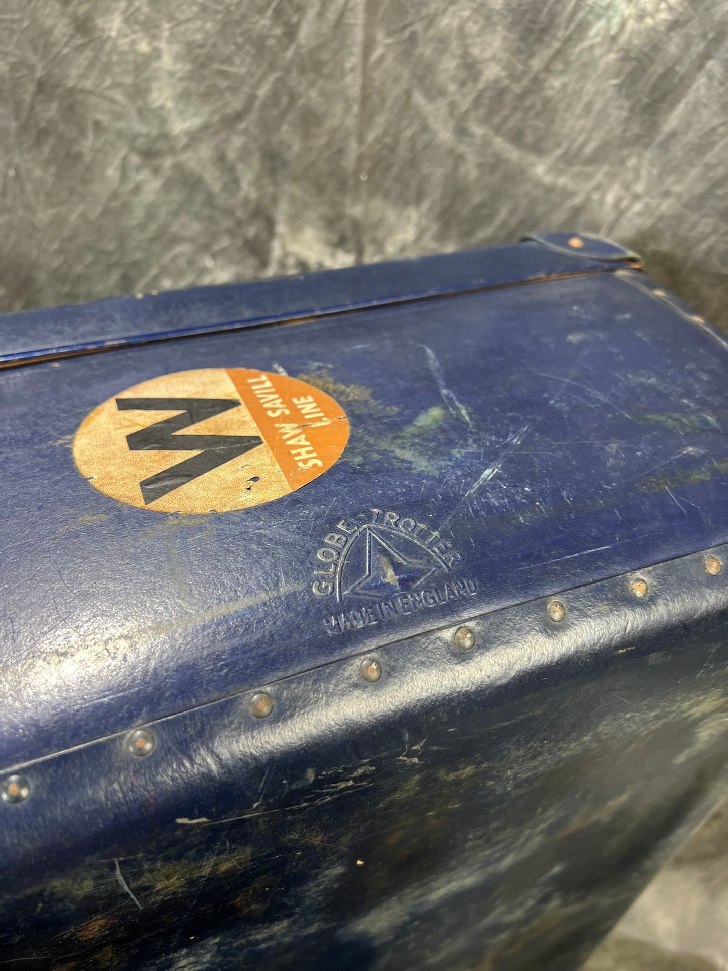 Pair of Vintage Globe Trotter Hard Case Suitcase Travel Labels Trunk Boho Décor Display Prop