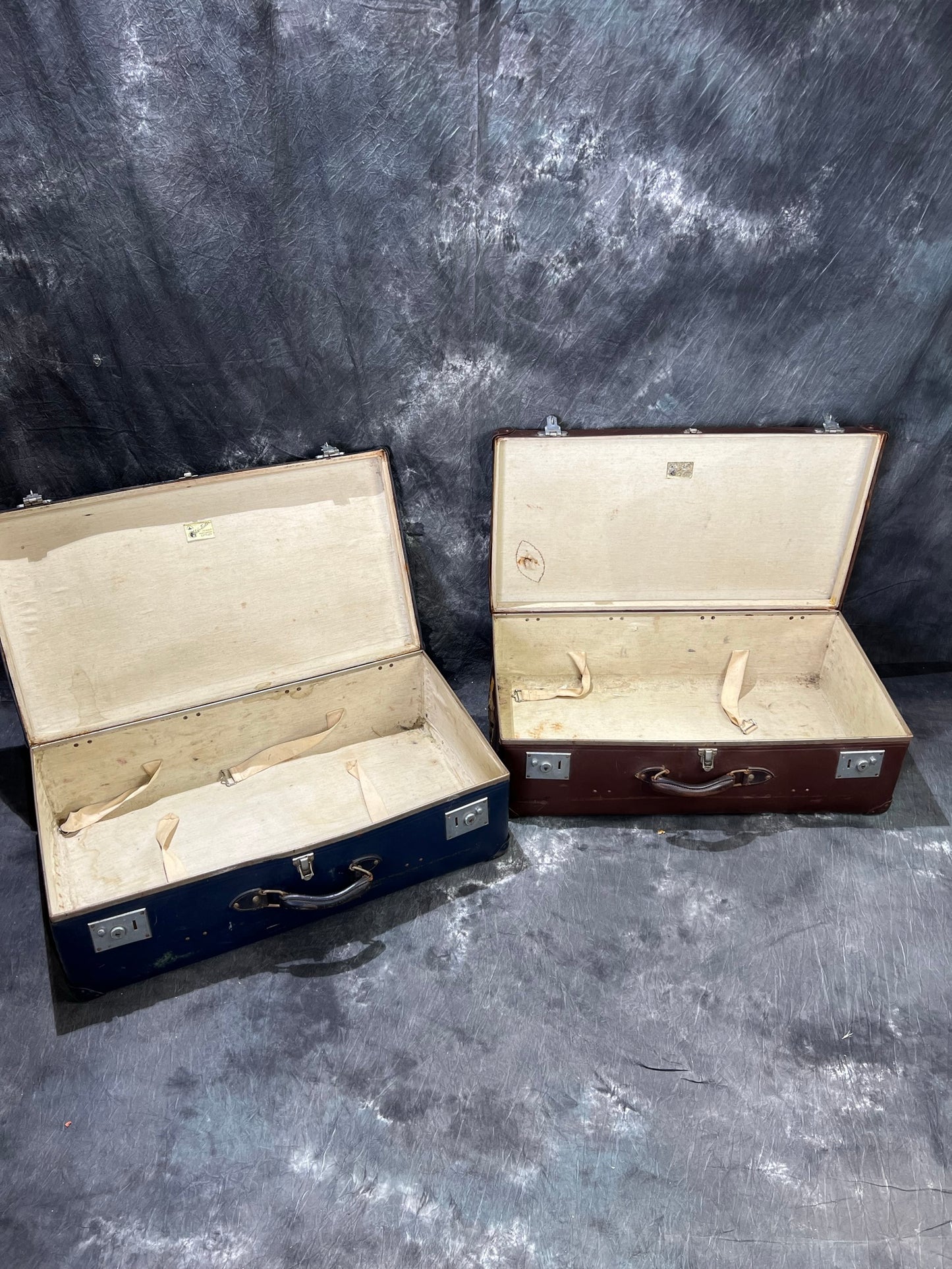 Pair of Vintage Globe Trotter Hard Case Suitcase Travel Labels Trunk Boho Décor Display Prop