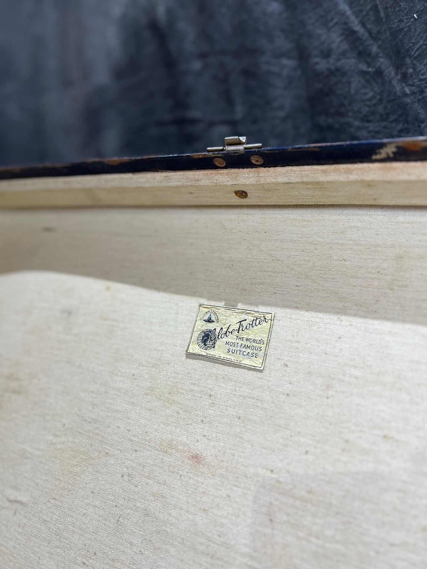 Pair of Vintage Globe Trotter Hard Case Suitcase Travel Labels Trunk Boho Décor Display Prop