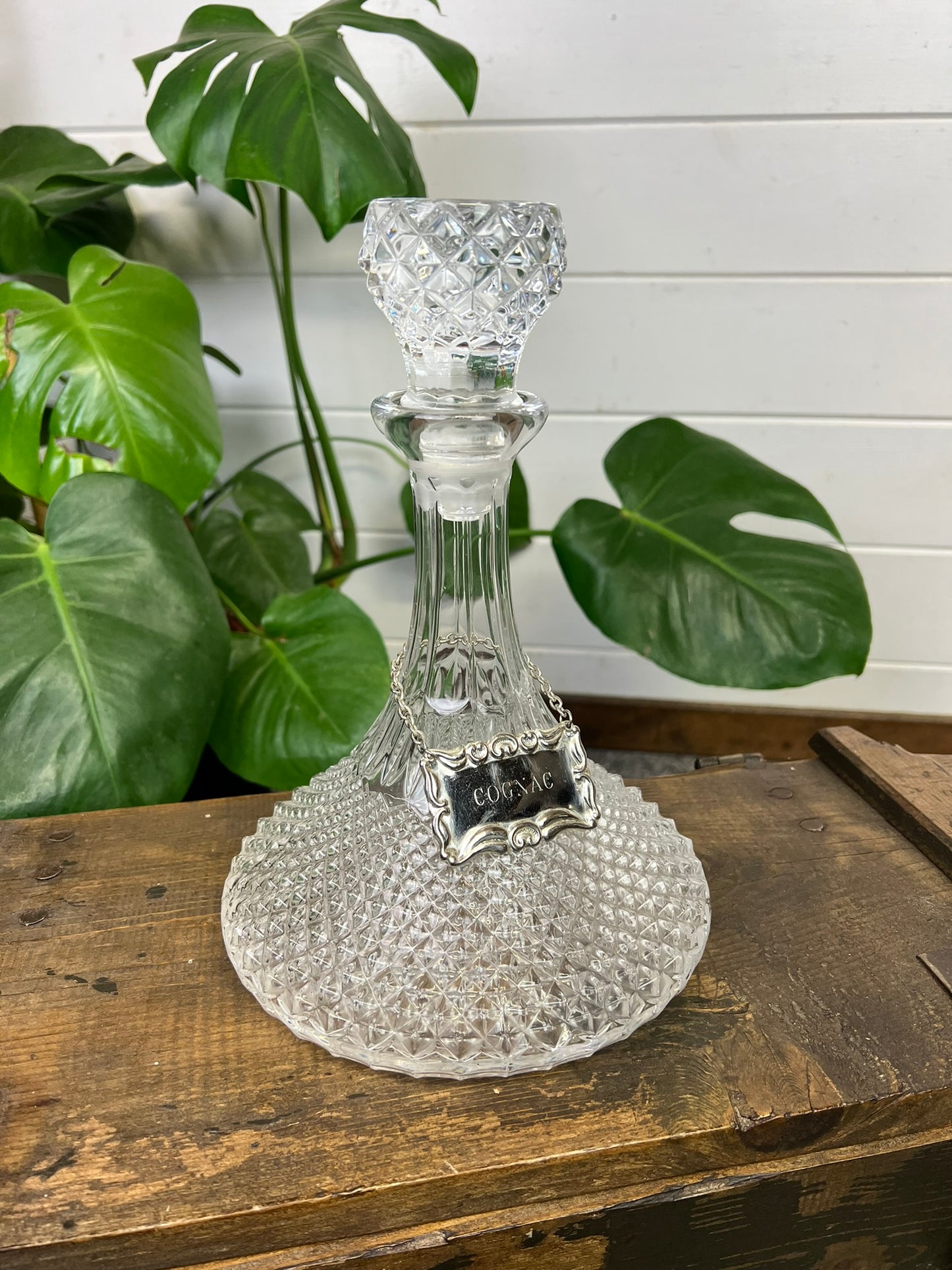 Vintage Cut Glass Ships Decanter With Cognac Silver Plated Chain