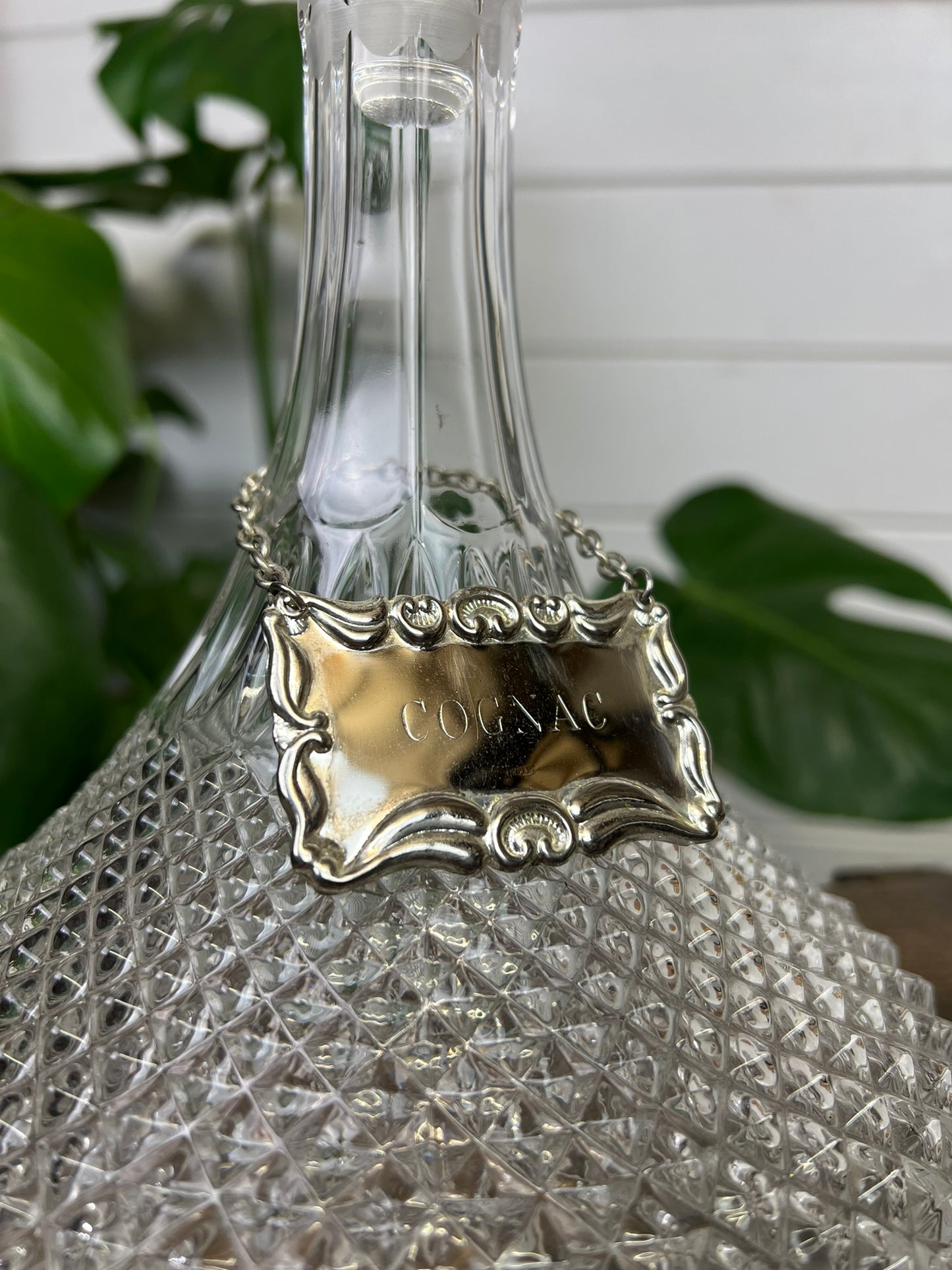 Vintage Cut Glass Ships Decanter With Cognac Silver Plated Chain