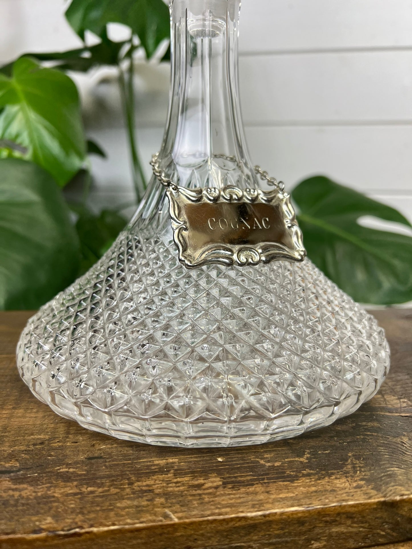 Vintage Cut Glass Ships Decanter With Cognac Silver Plated Chain
