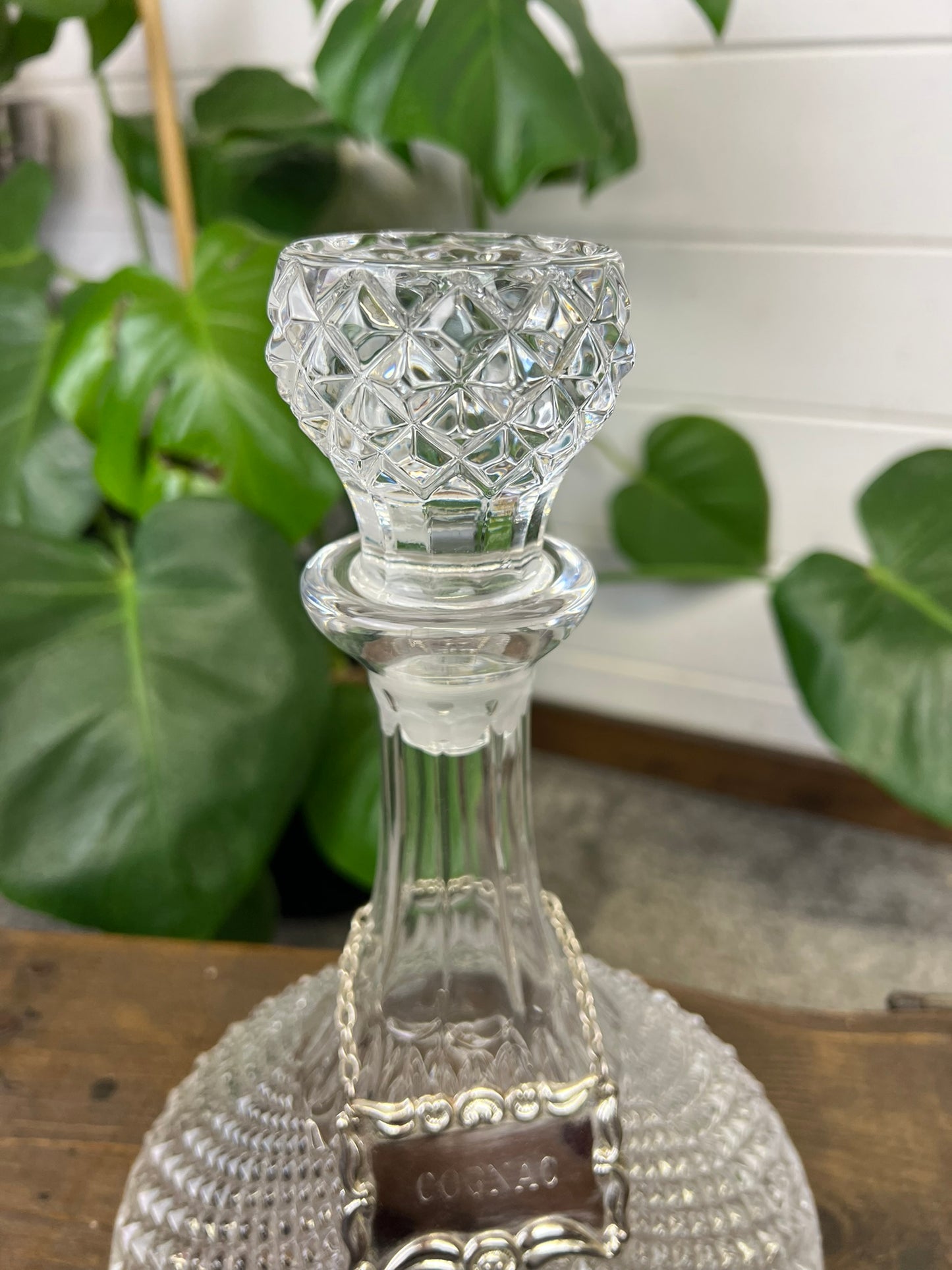Vintage Cut Glass Ships Decanter With Cognac Silver Plated Chain